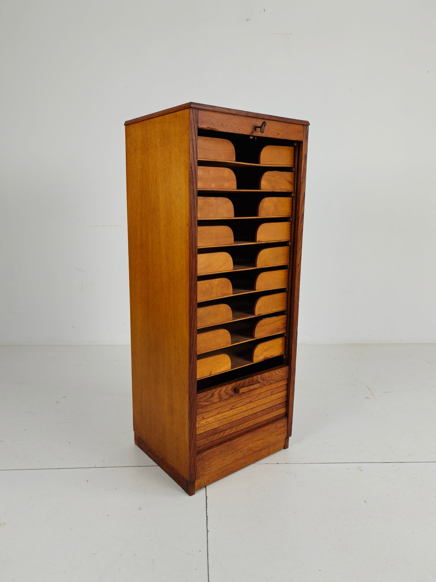 1940s Dutch Oak Archive Cabinet with Tambour Door – Includes Key