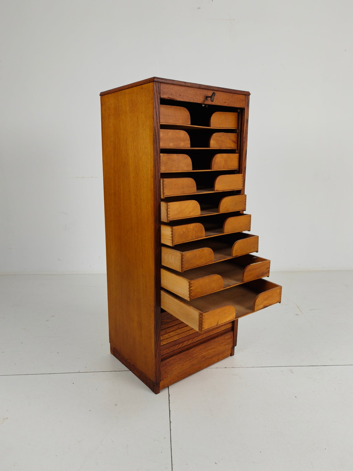 1940s Dutch Oak Archive Cabinet with Tambour Door – Includes Key