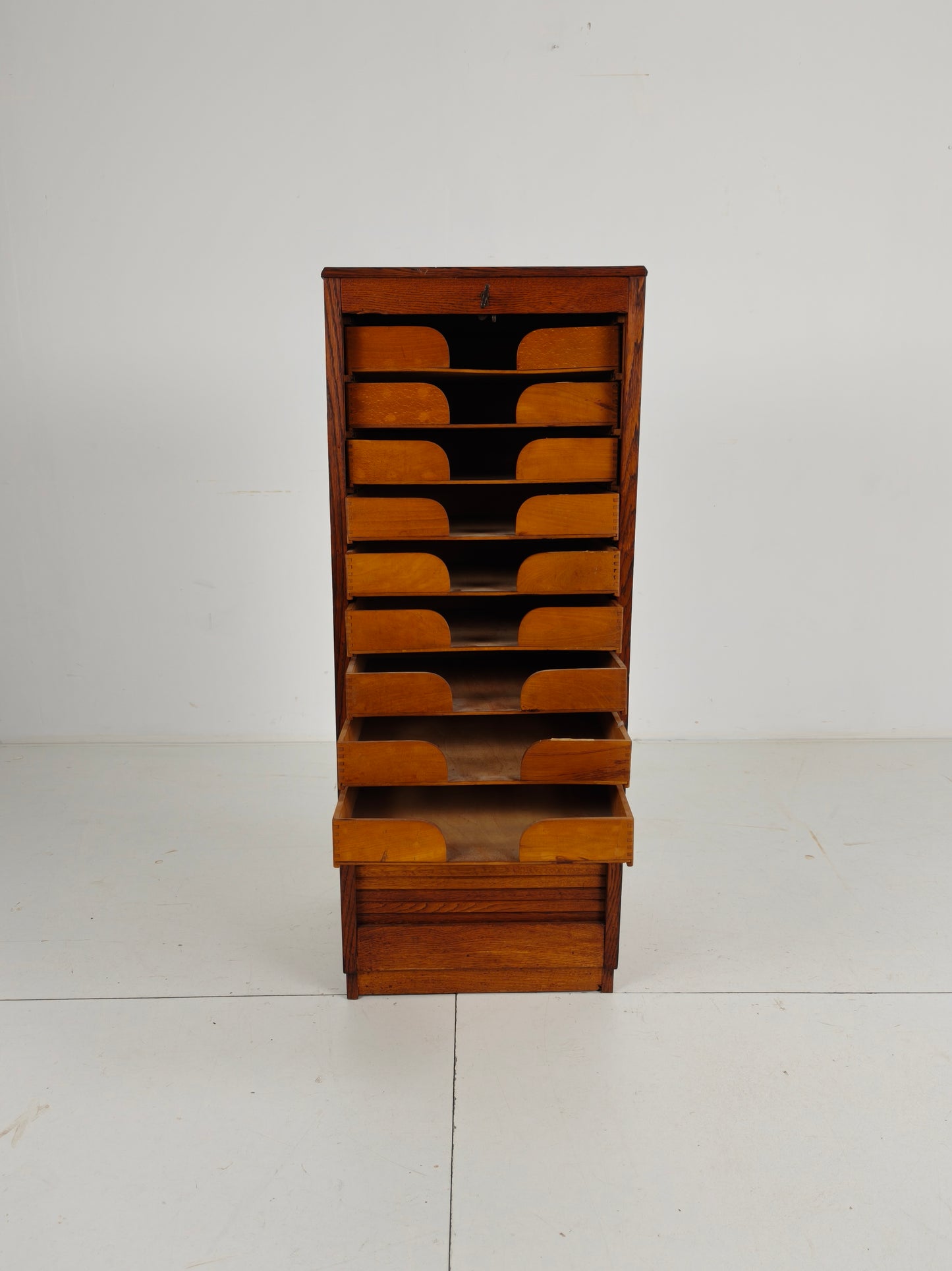 1940s Dutch Oak Archive Cabinet with Tambour Door – Includes Key