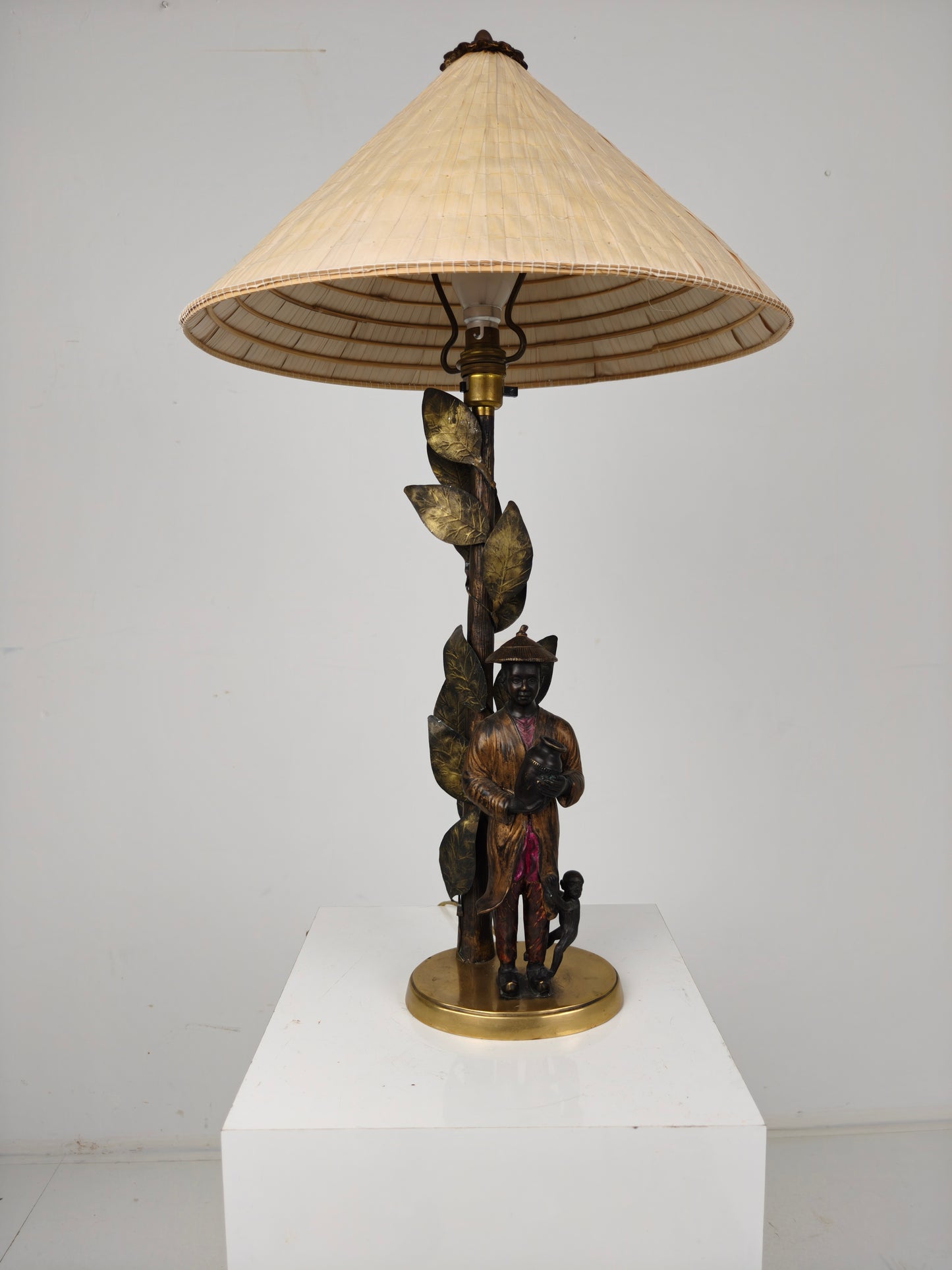 Beautiful Chinoiserie Bronze Table Lamp with Boy, Monkey & Tree – c.1940