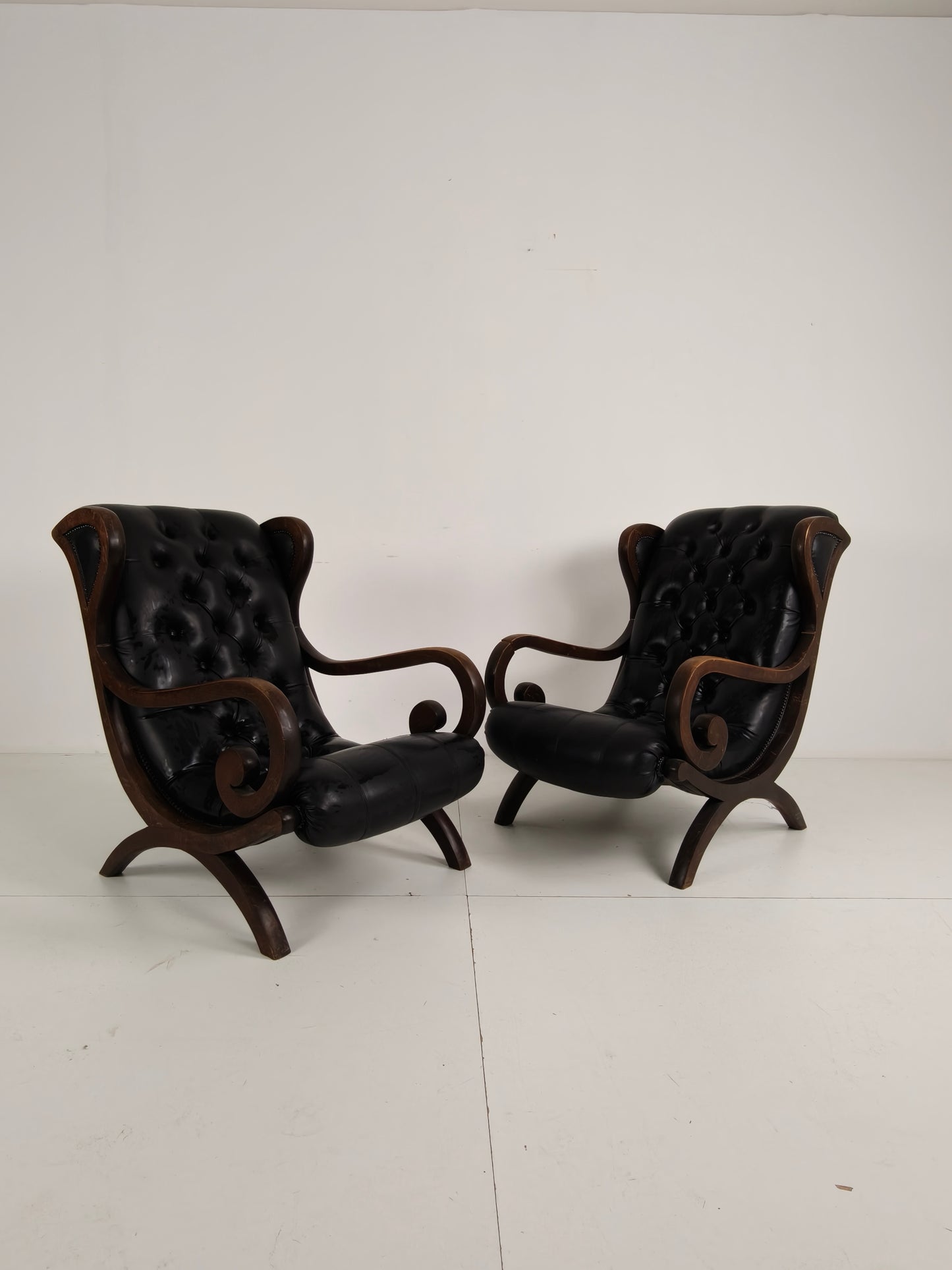 Vintage Set of Chesterfield Lounge Chairs – Black Faux Leather – Curved Arms – Low Model