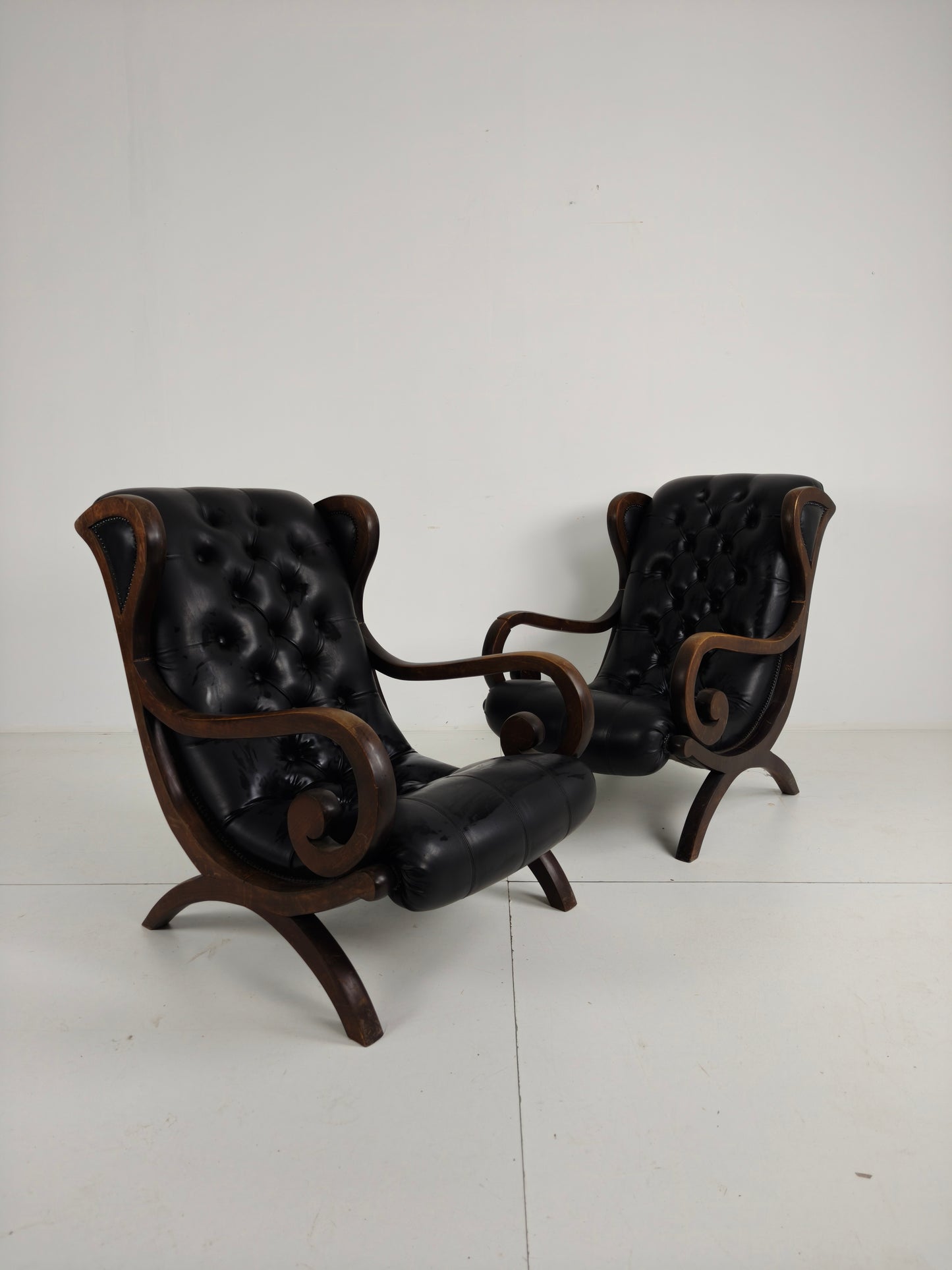 Vintage Set of Chesterfield Lounge Chairs – Black Faux Leather – Curved Arms – Low Model