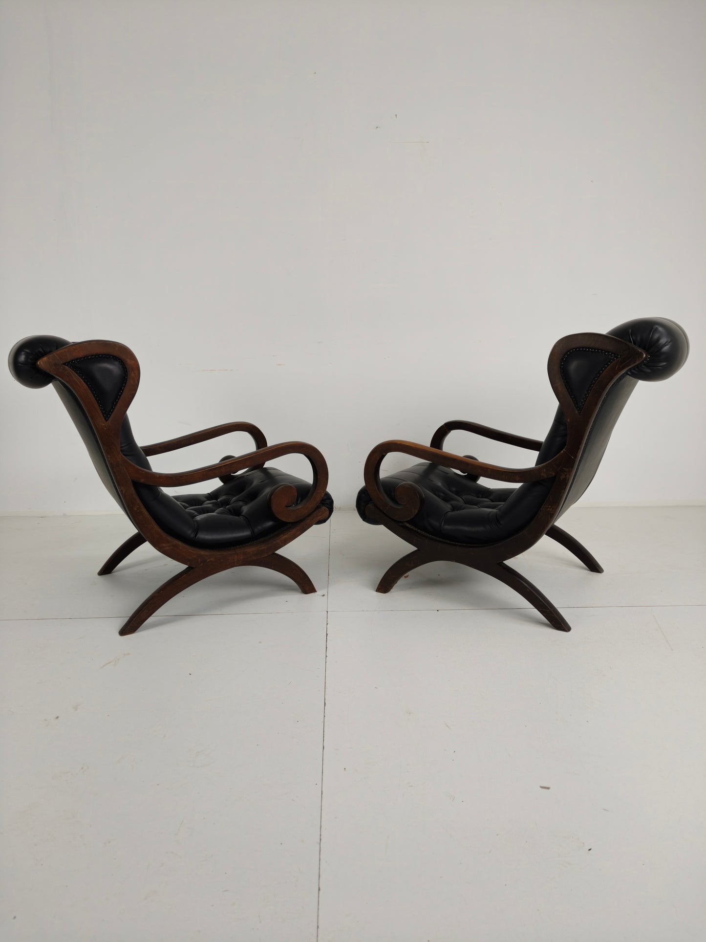 Vintage Set of Chesterfield Lounge Chairs – Black Faux Leather – Curved Arms – Low Model
