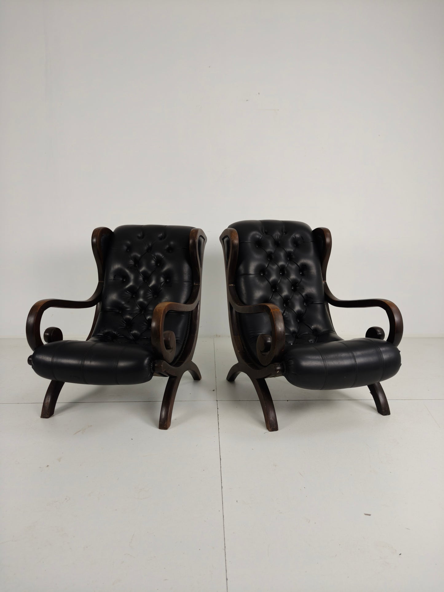Vintage Set of Chesterfield Lounge Chairs – Black Faux Leather – Curved Arms – Low Model