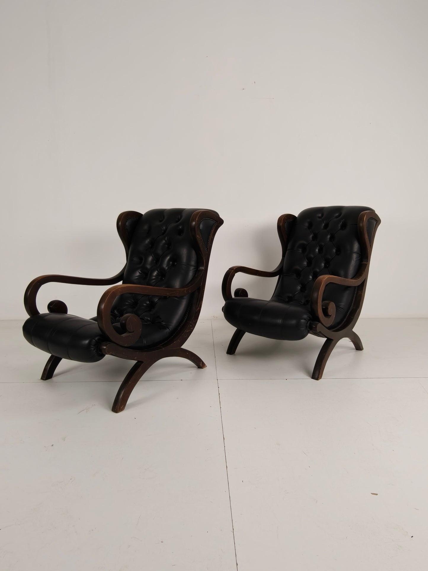 Vintage Set of Chesterfield Lounge Chairs – Black Faux Leather – Curved Arms – Low Model