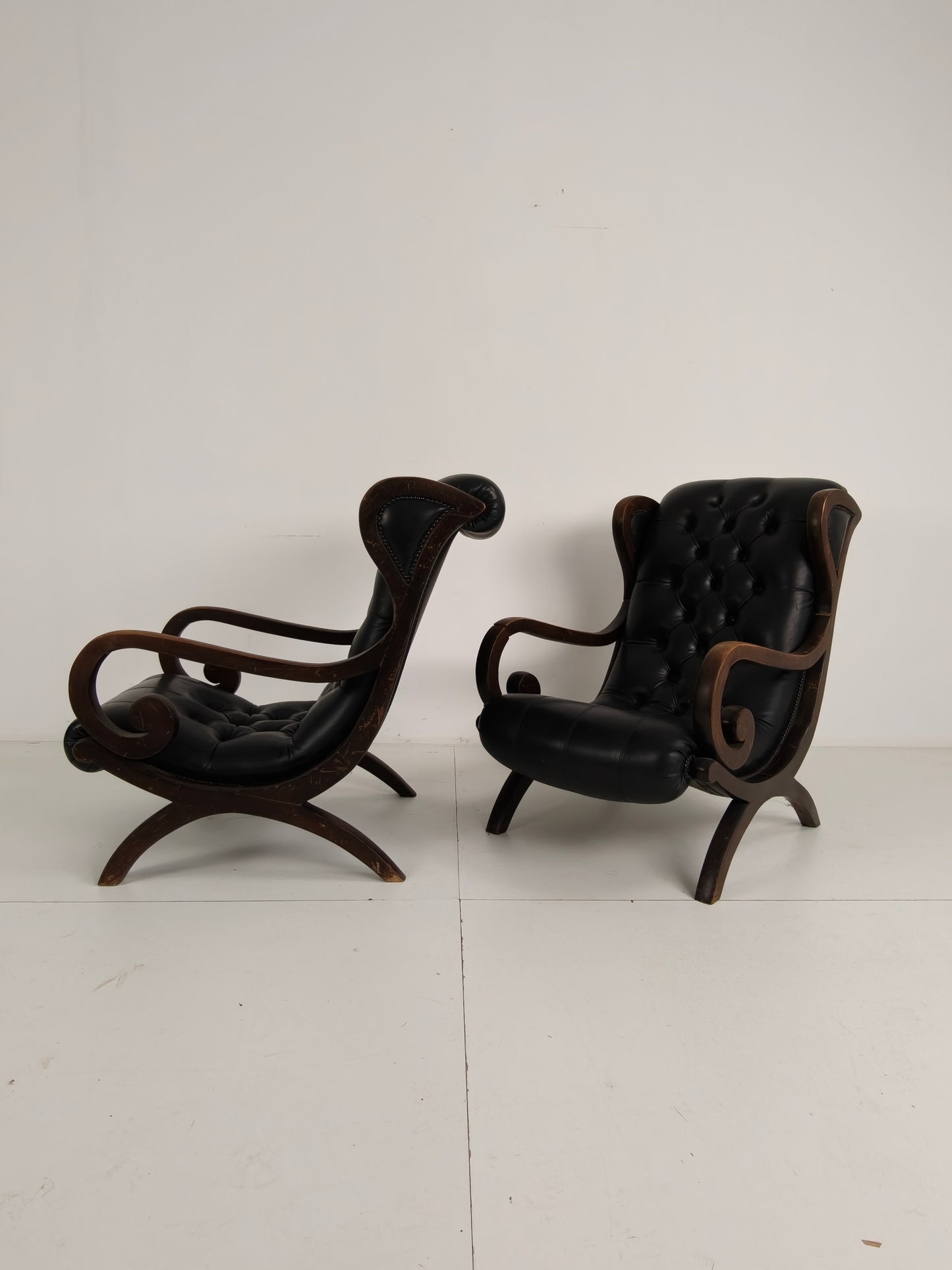 Vintage Set of Chesterfield Lounge Chairs – Black Faux Leather – Curved Arms – Low Model