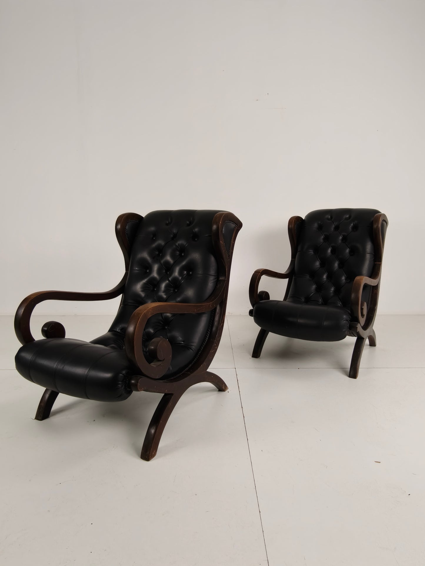Vintage Set of Chesterfield Lounge Chairs – Black Faux Leather – Curved Arms – Low Model