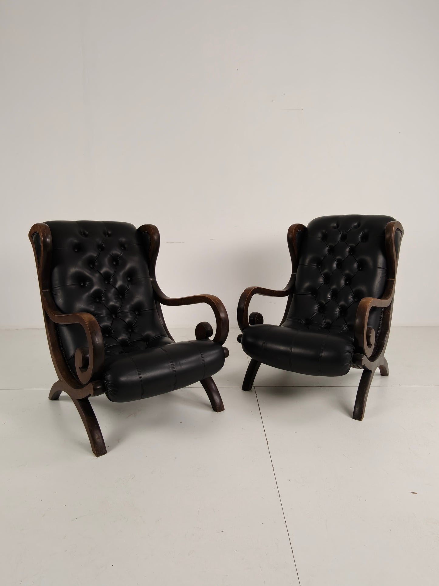 Vintage Set of Chesterfield Lounge Chairs – Black Faux Leather – Curved Arms – Low Model