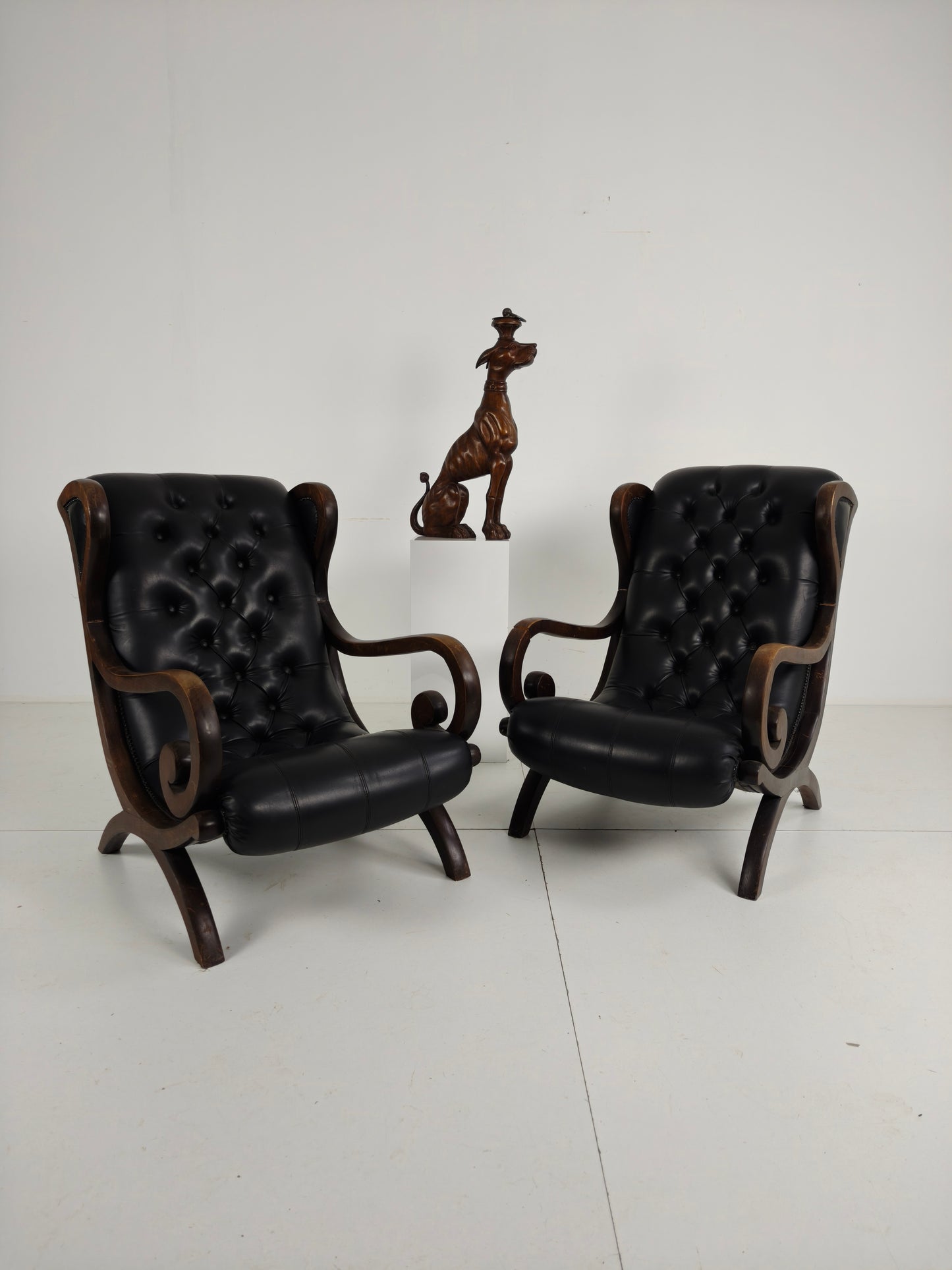 Vintage Set of Chesterfield Lounge Chairs – Black Faux Leather – Curved Arms – Low Model