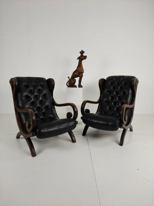 Vintage Set of Chesterfield Lounge Chairs – Black Faux Leather – Curved Arms – Low Model