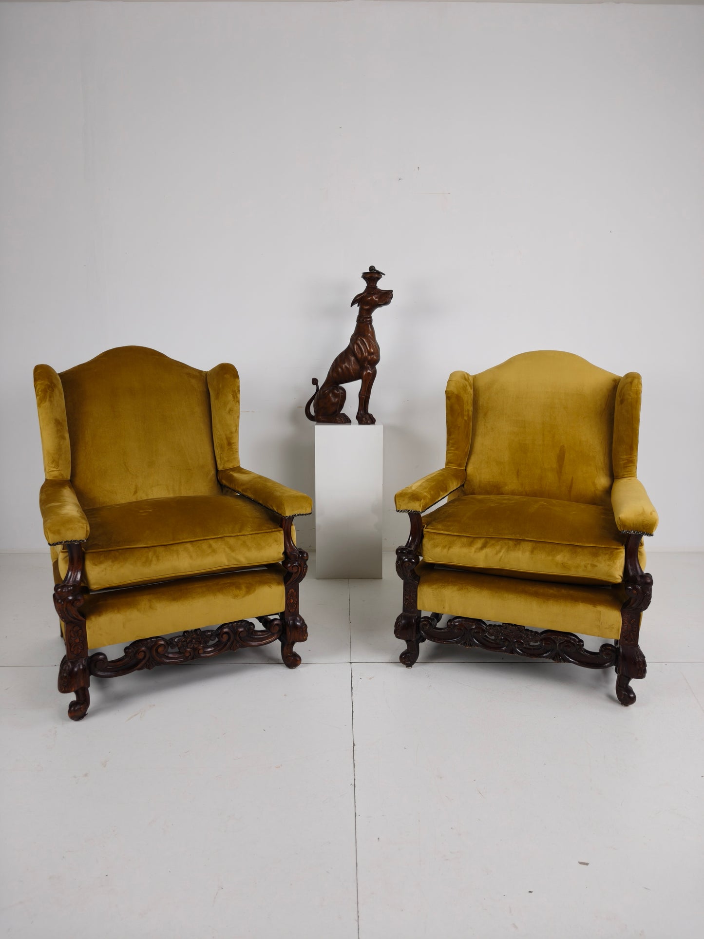 Pair of 19th-Century Carved Walnut Armchairs – Floral Motifs – Velvet Upholstery