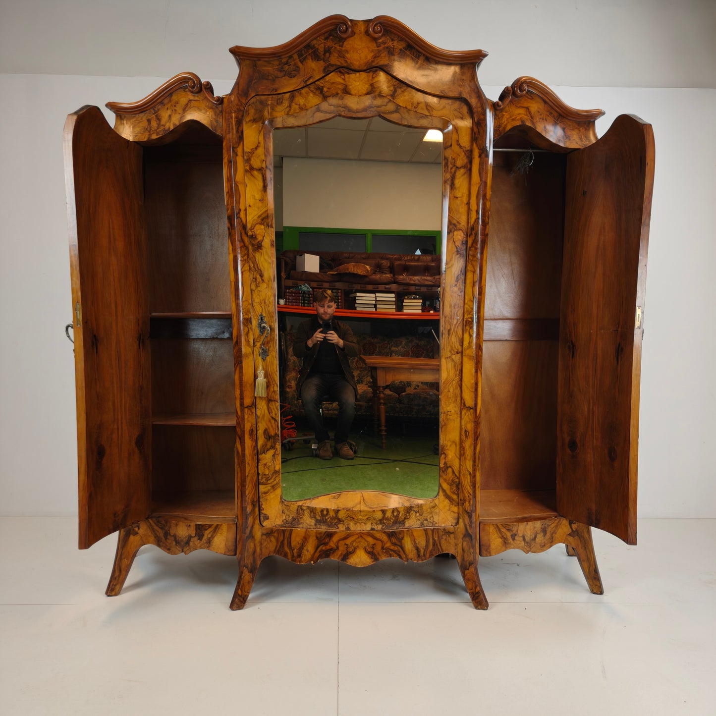 Large Antique Italian Armoire / Wardrobe – Burl Walnut, Bombé Shape