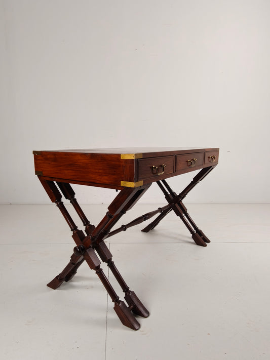 Vintage Anglo Indian Military Campaign Trestle Writing Desk With Brass Inlay