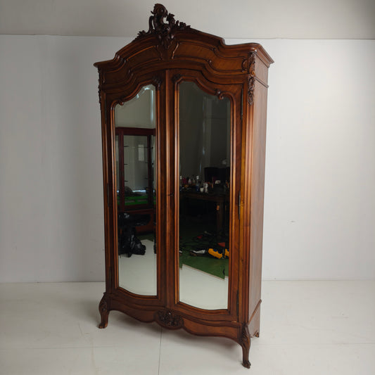 French Louis XV Style Carved Wood Armoire with Mirrored Doors