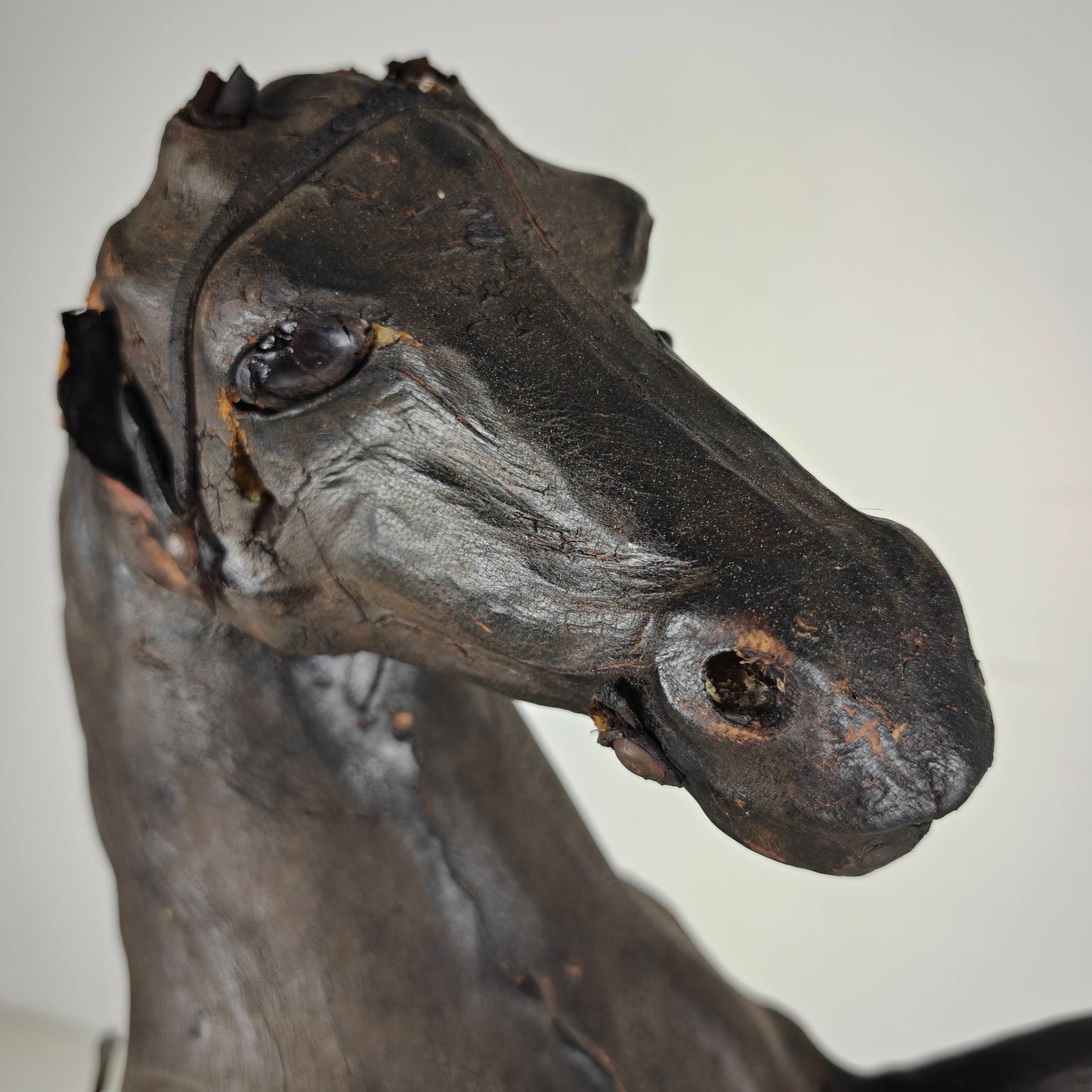 Early 20th Century Antique Leather Horse Sculpture with Glass Eyes