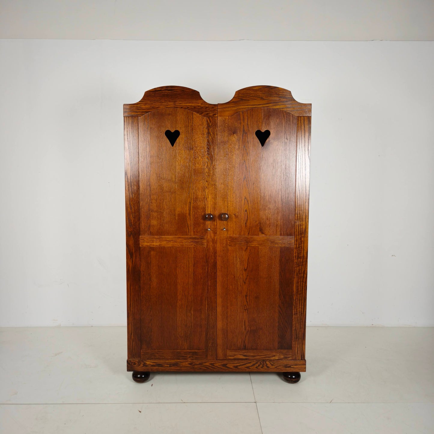 Pair of Belgian Oak Wardrobes with Heart Motif, 20th Century