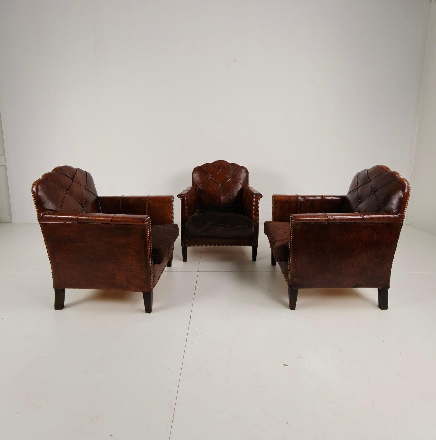 Beautiful Set of 3 Leather Club Chairs – 1930s Sheepskin