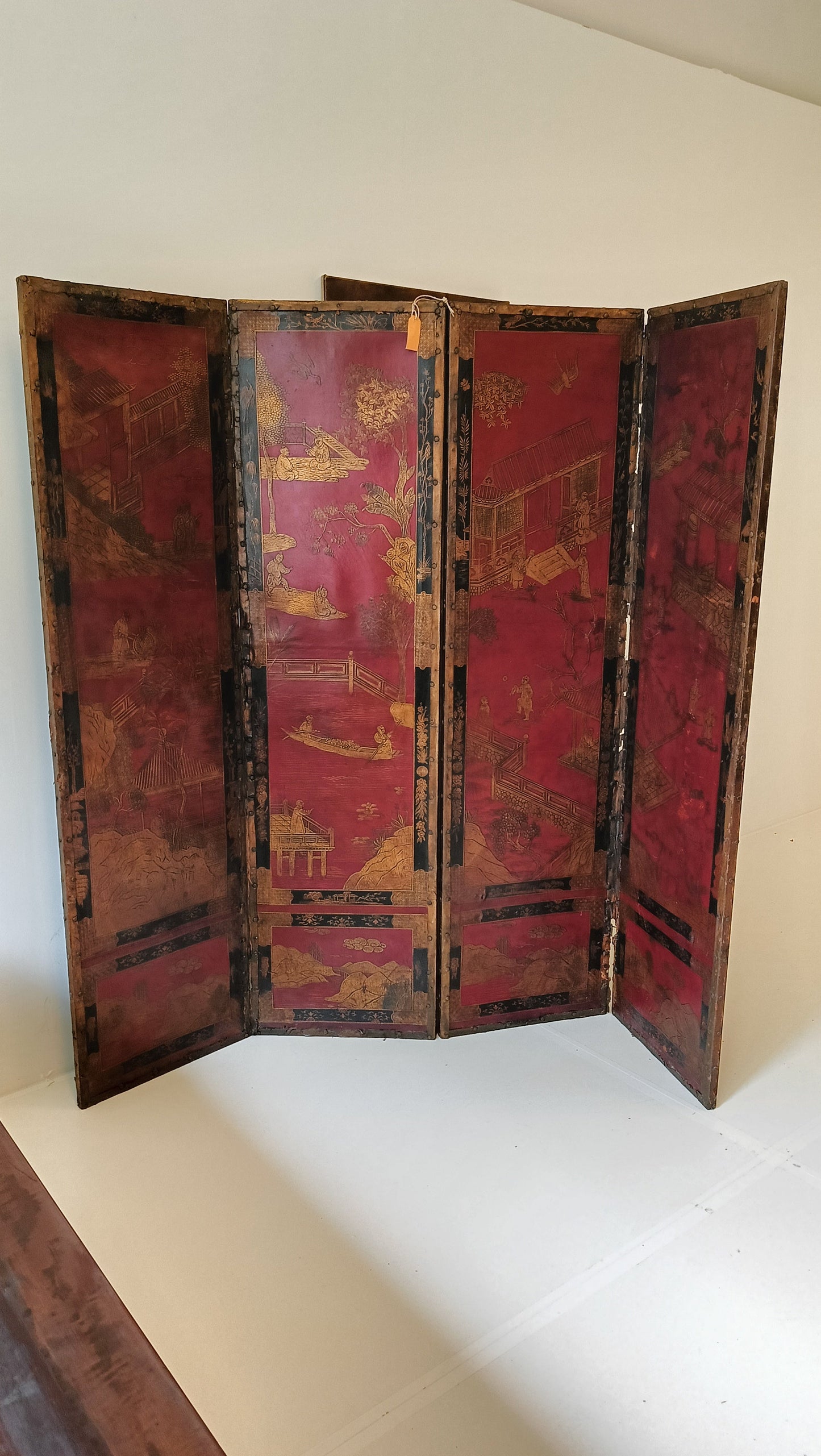 Antique Chinoiserie Leather Screen Antique Chinoiserie Leather Screen