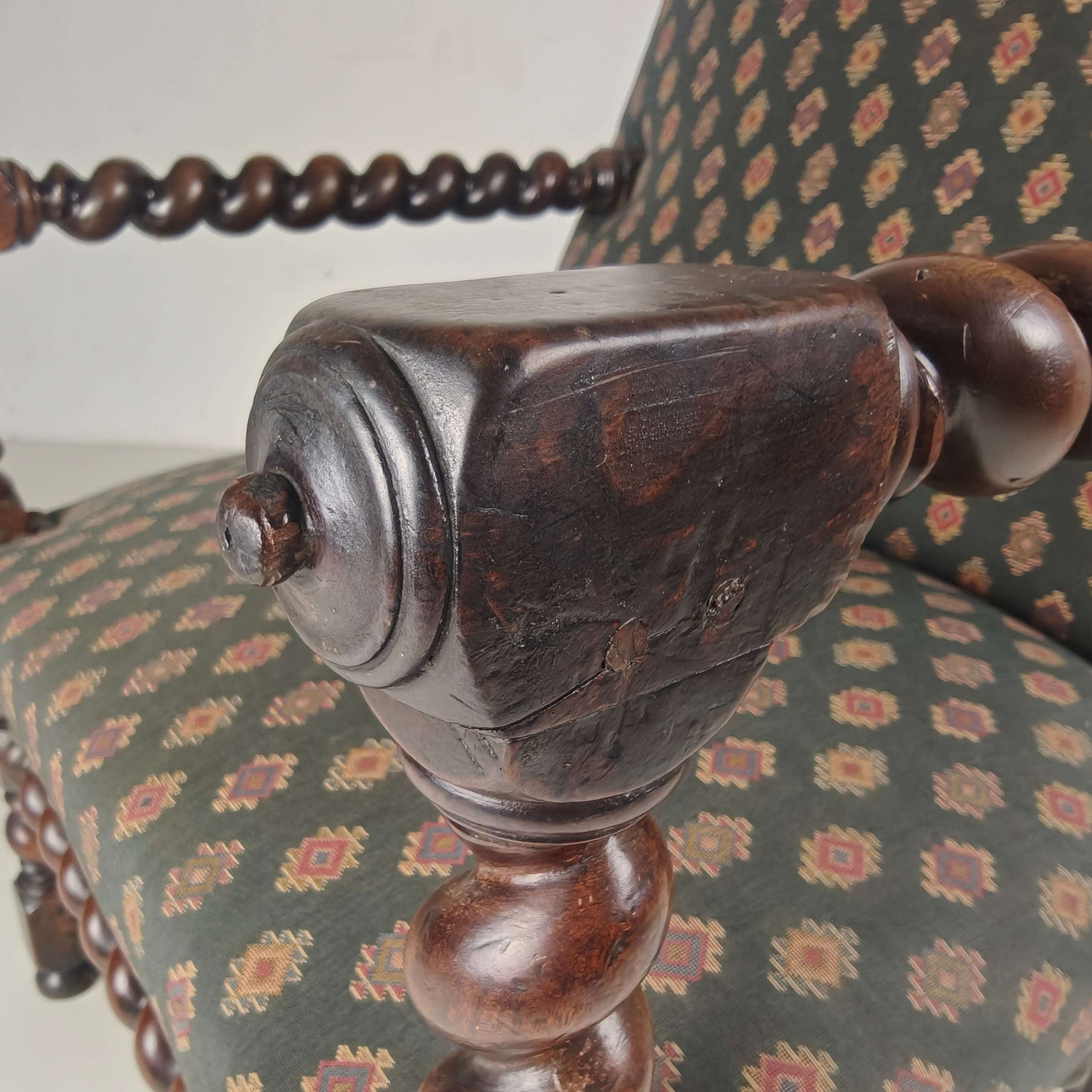 English Barley Twist Library Armchair in Dark Oak, circa 1700 English Barley Twist Library Armchair in Dark Oak, circa 1700