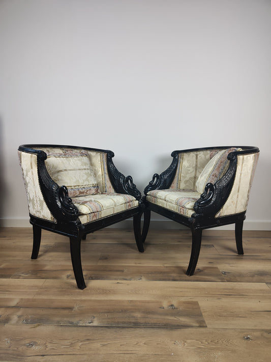 Neoclassical Lacquered Carved Swan Armchairs