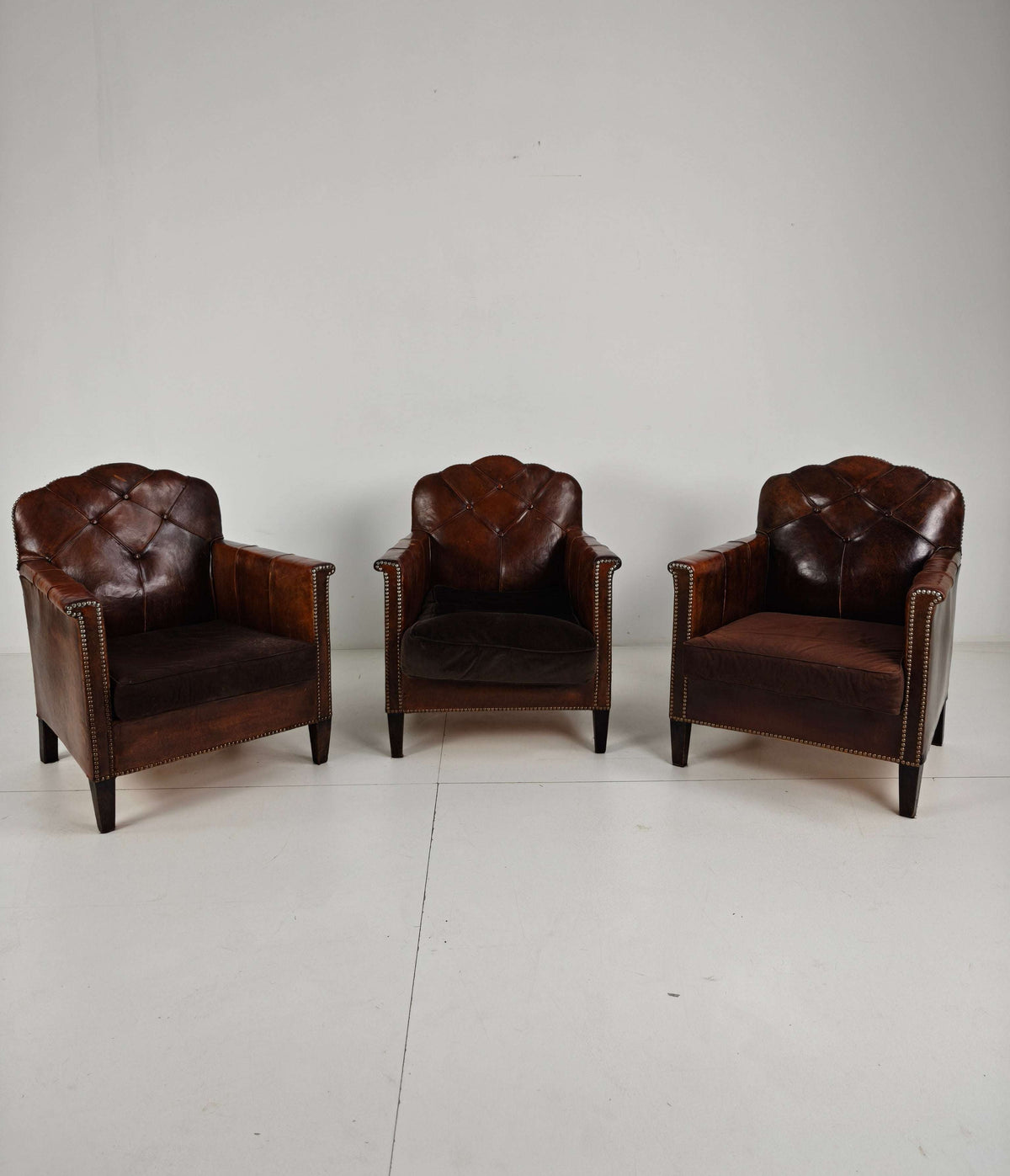 d authentic set of 3 1930s club chairs, upholstered in original sheepskin leather d authentic set of 3 1930s club chairs, upholstered in original sheepskin leather