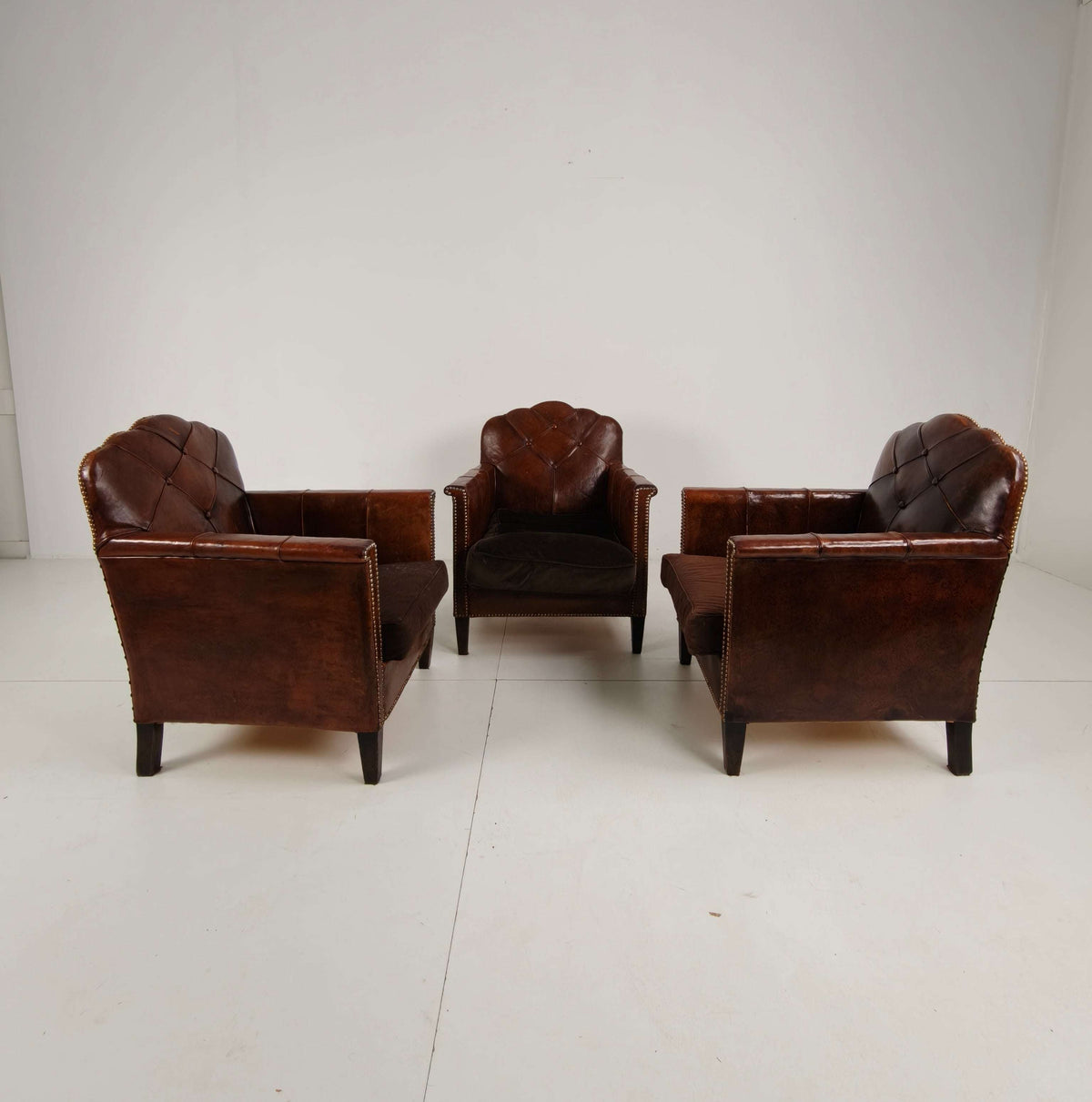 d authentic set of 3 1930s club chairs, upholstered in original sheepskin leather d authentic set of 3 1930s club chairs, upholstered in original sheepskin leather