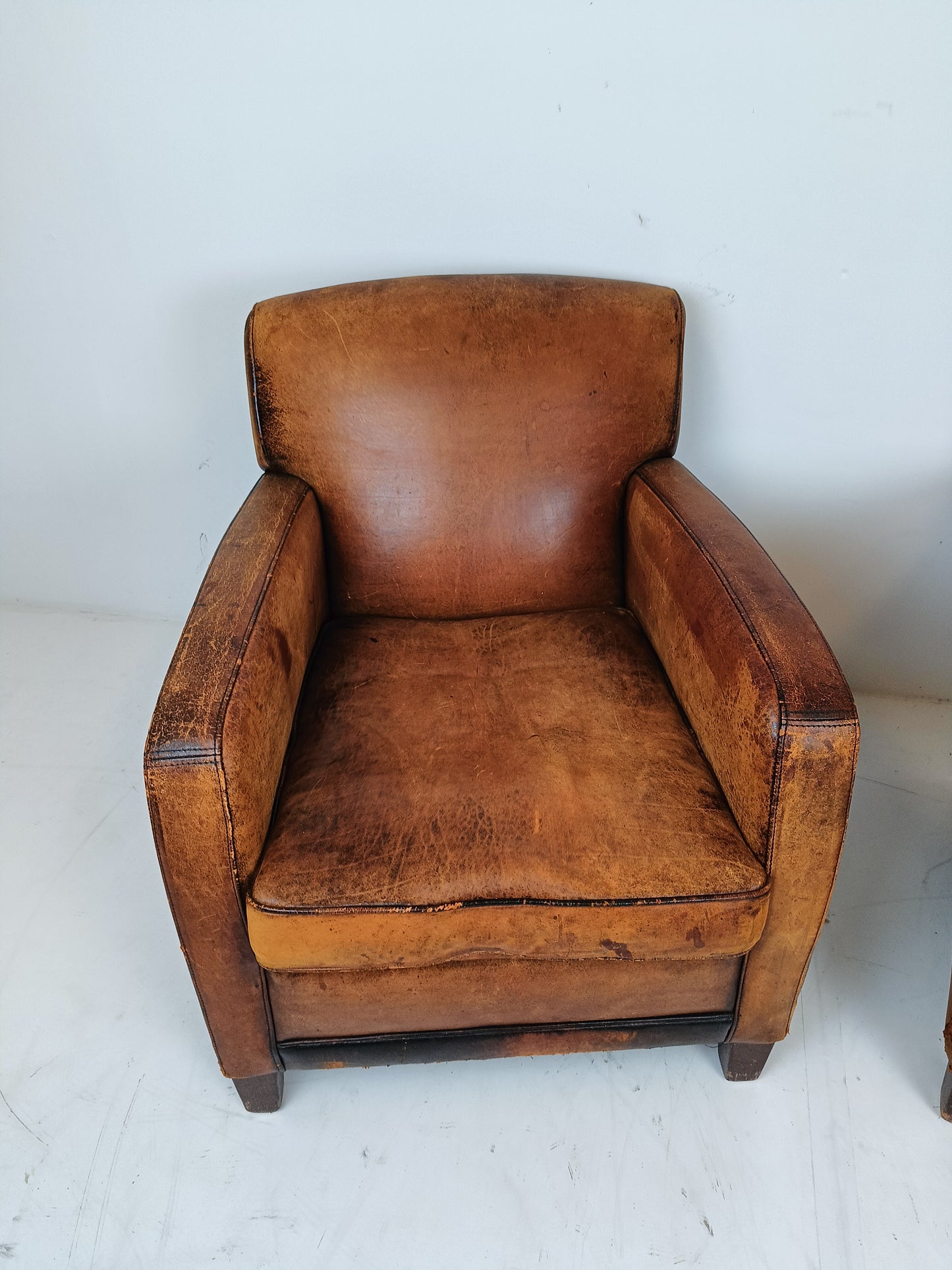 Great Looking Patinated Sheep Leather Armchair Set