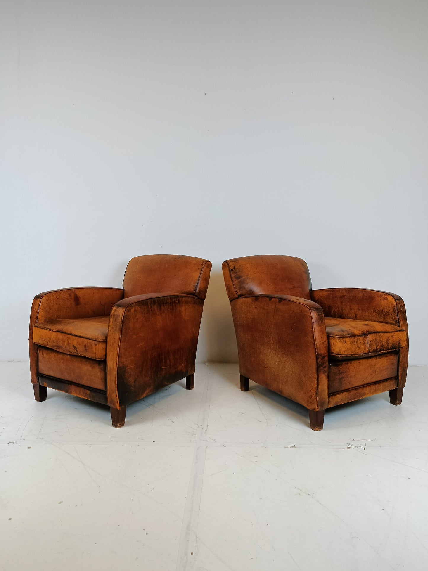 Great Looking Patinated Sheep Leather Armchair Set