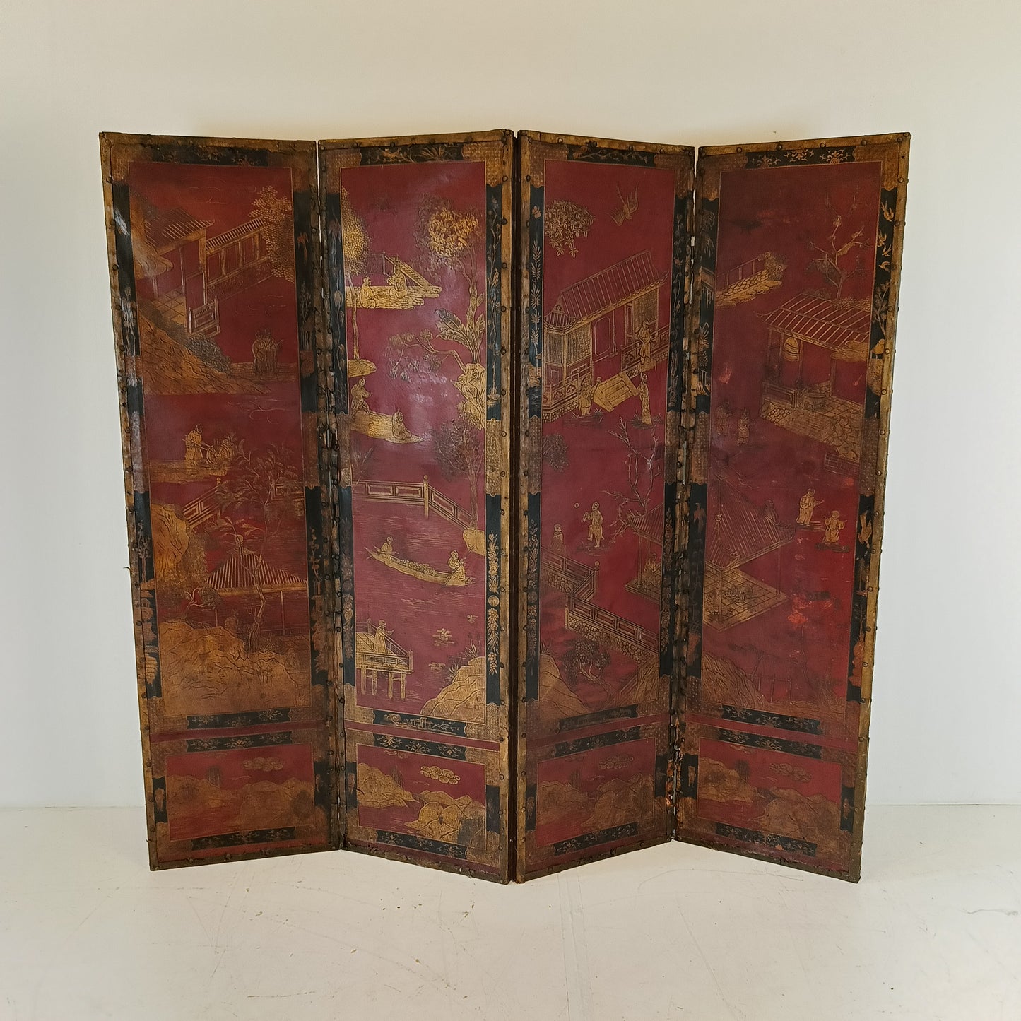 Antique Chinoiserie Leather Screen