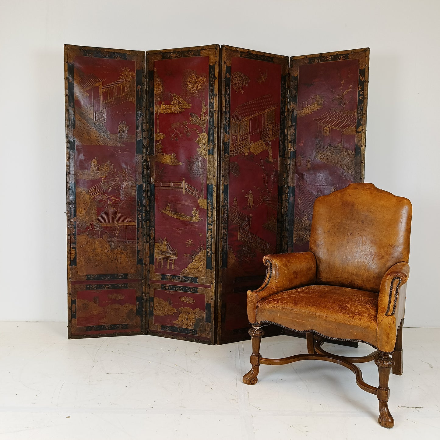 Antique Chinoiserie Leather Screen