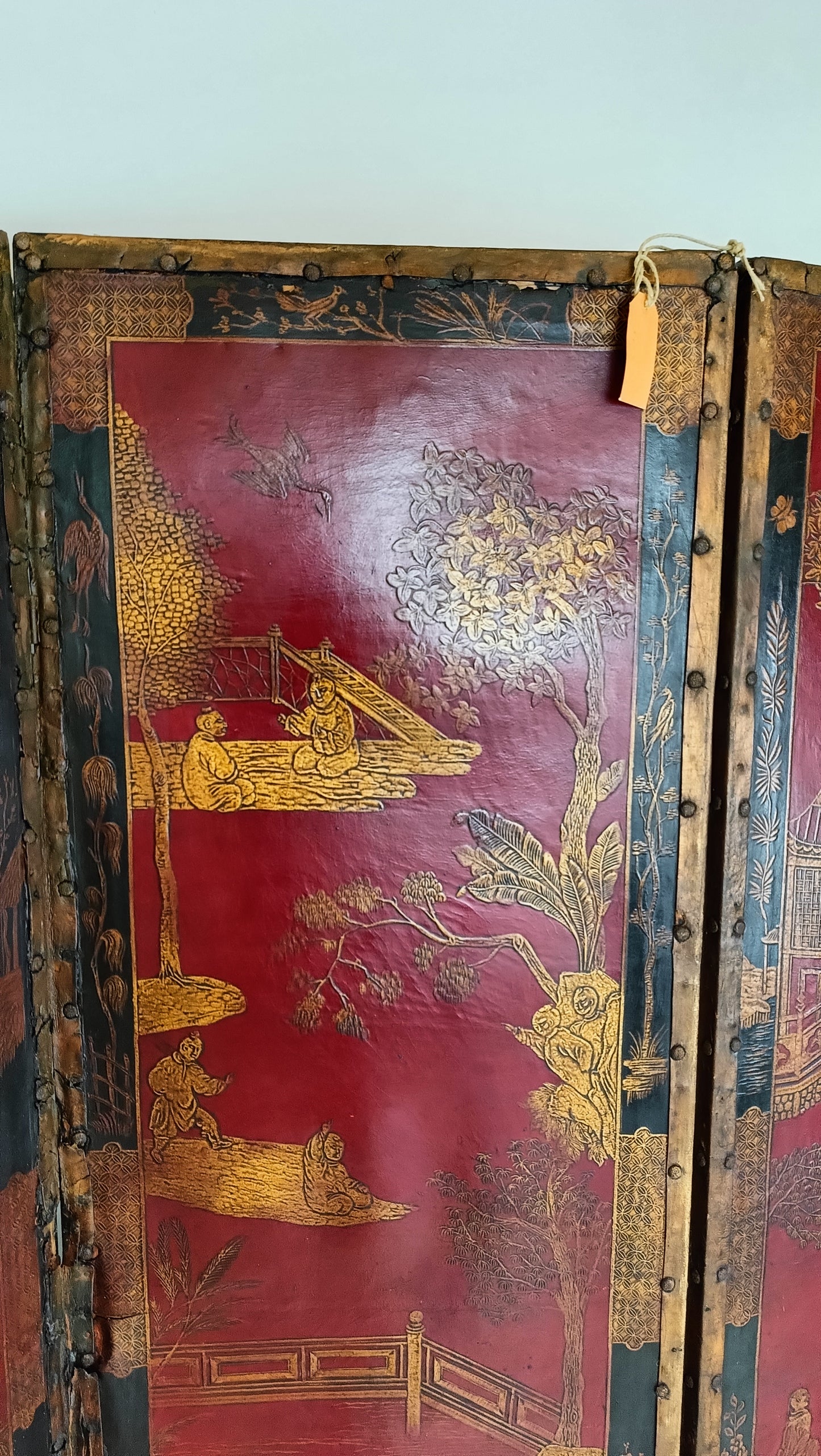 Antique Chinoiserie Leather Screen