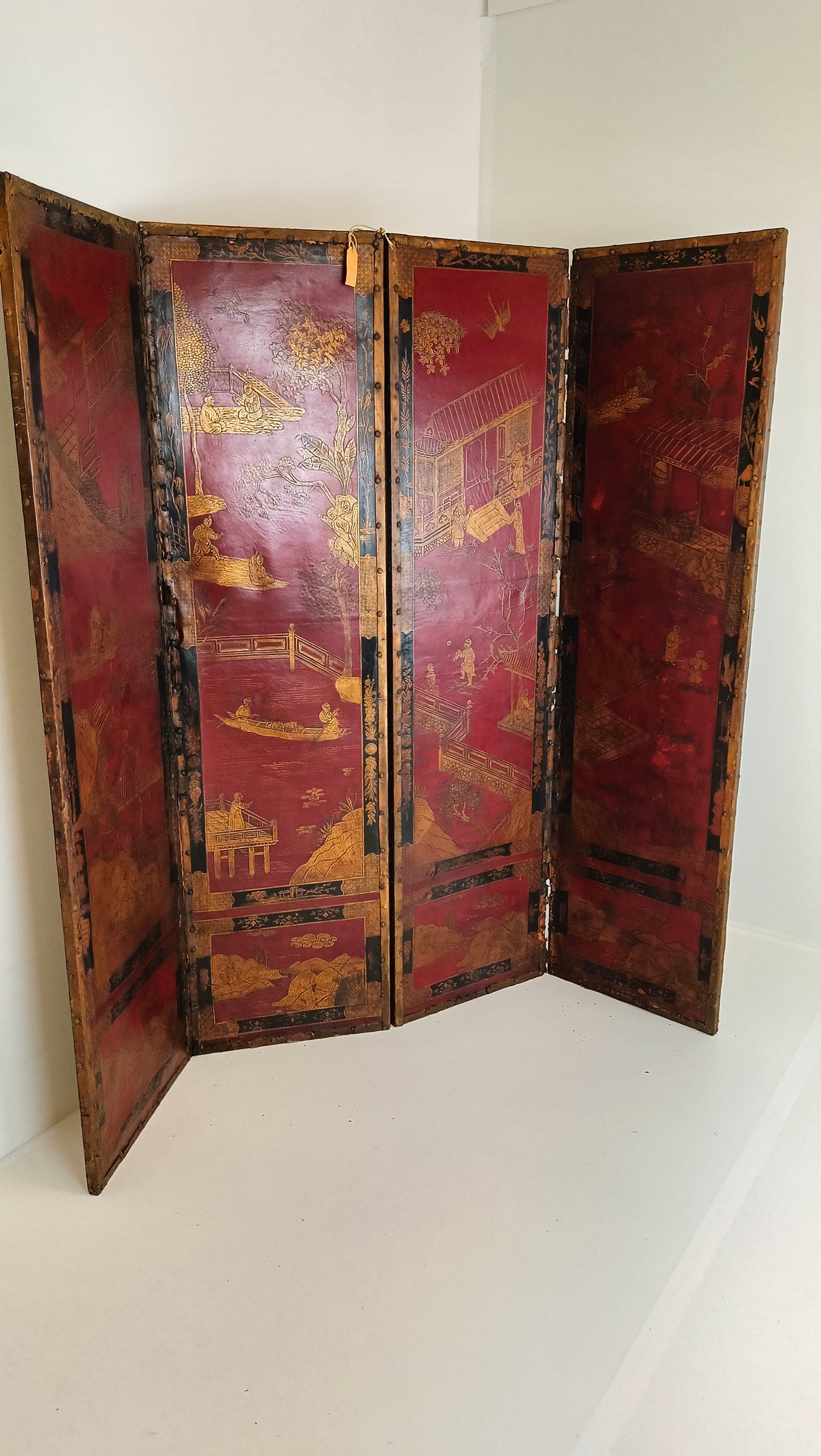 Antique Chinoiserie Leather Screen