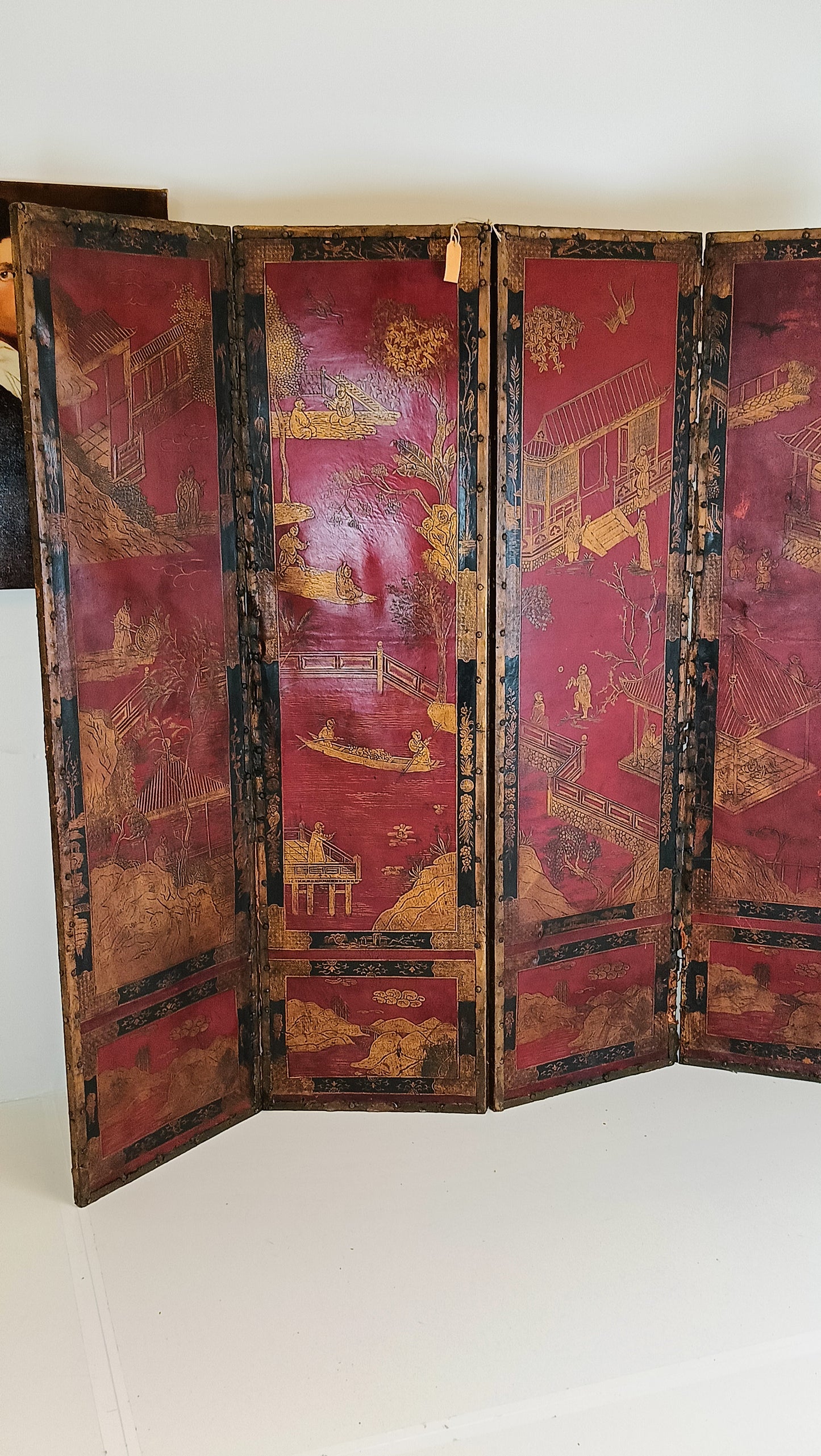 Antique Chinoiserie Leather Screen