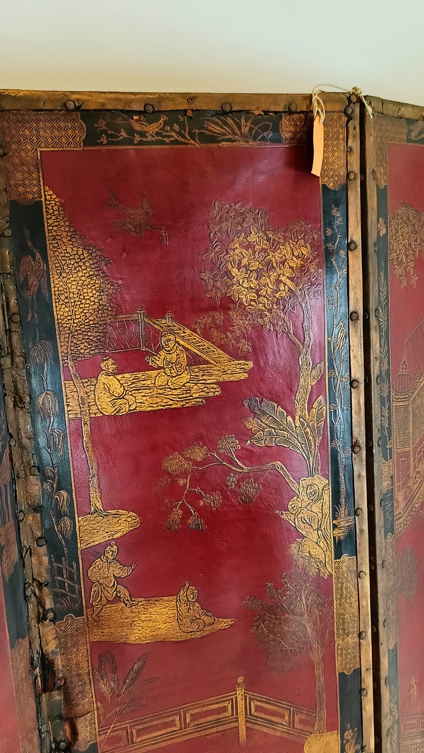 Antique Chinoiserie Leather Screen