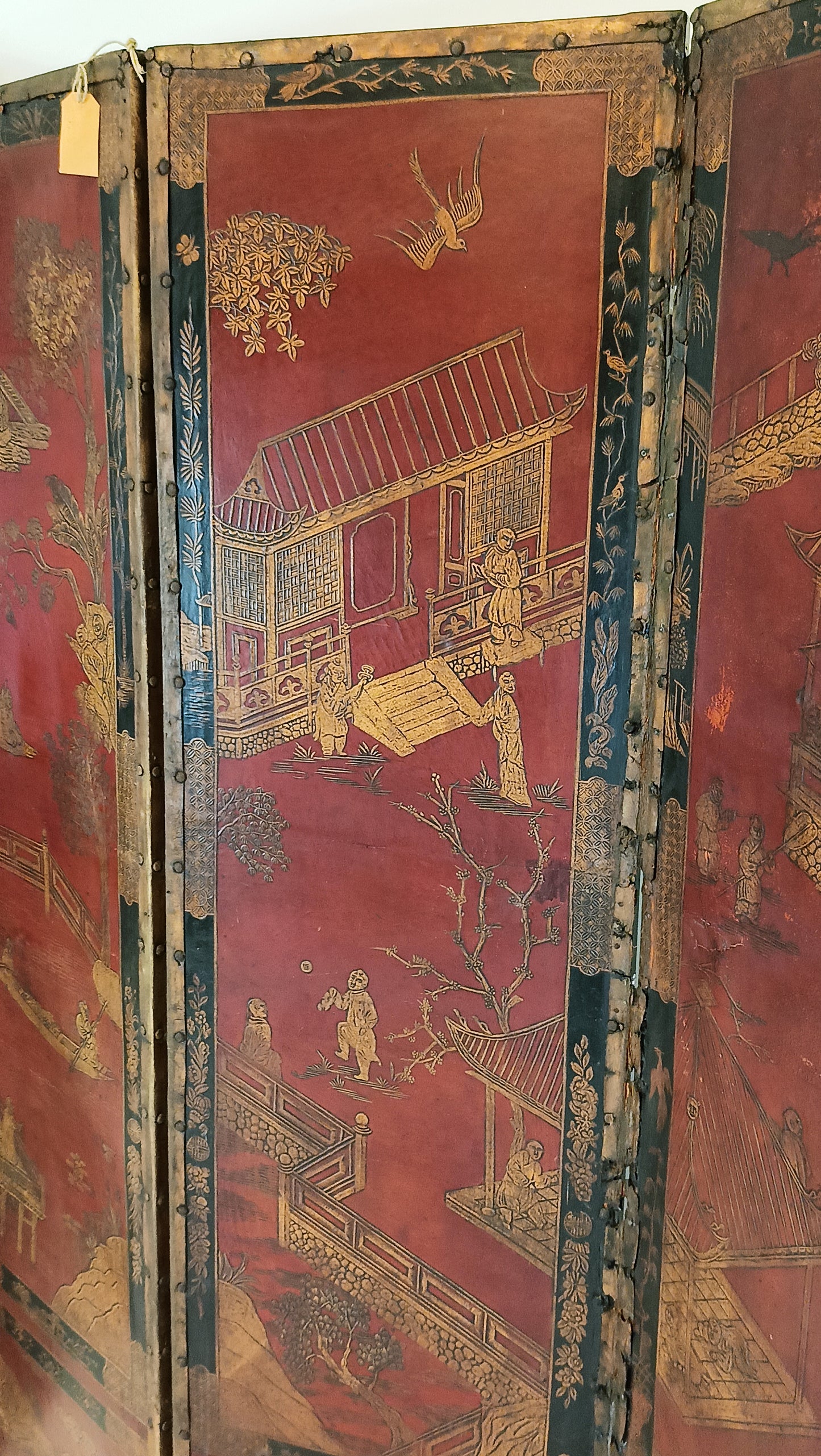 Antique Chinoiserie Leather Screen