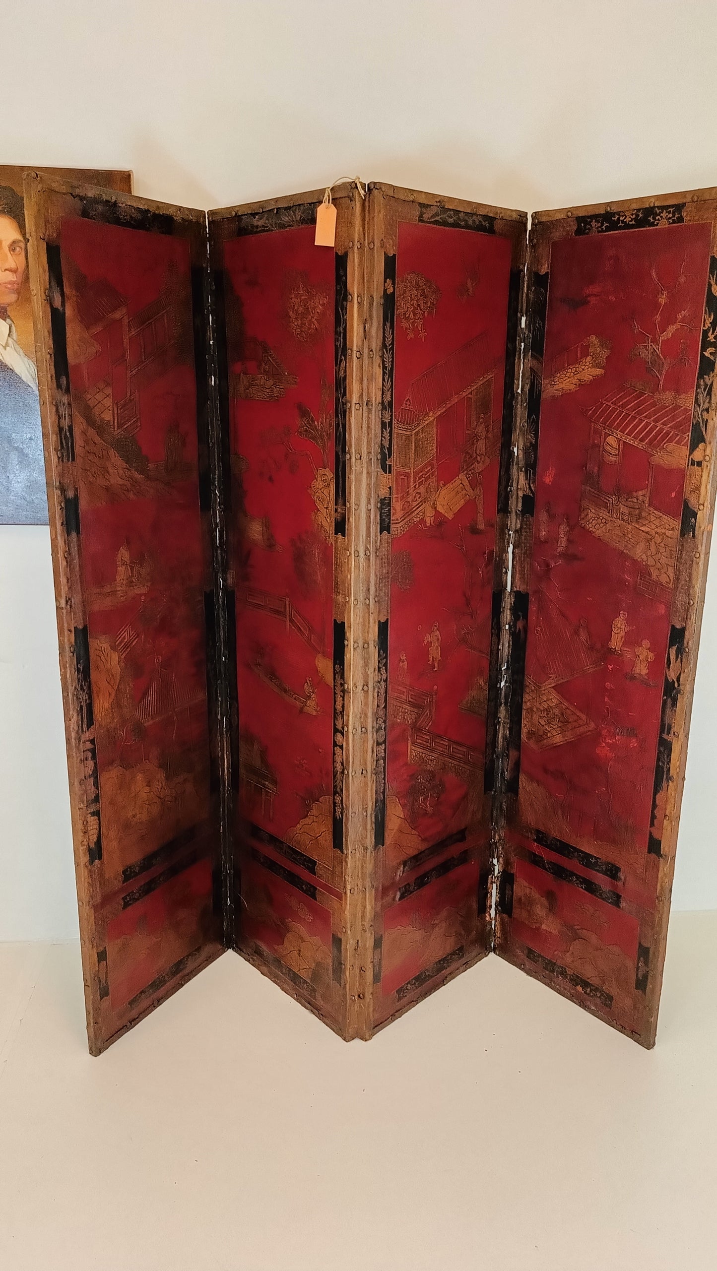 Antique Chinoiserie Leather Screen