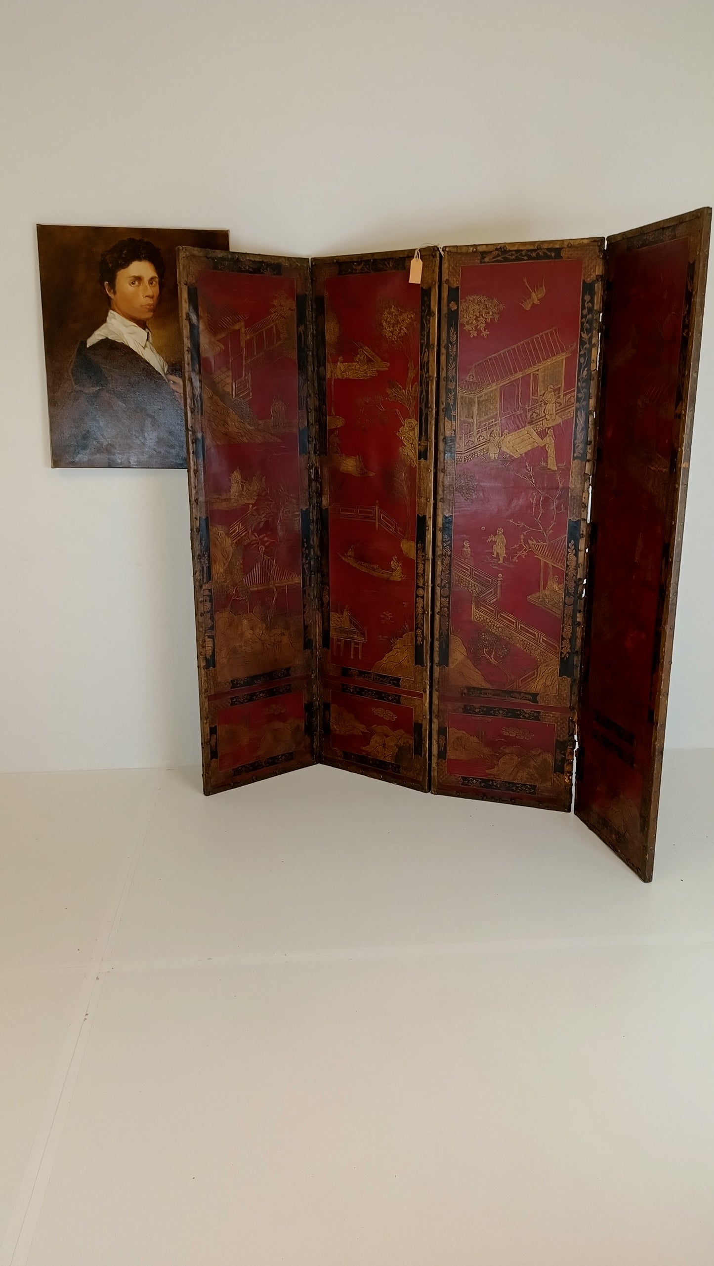 Antique Chinoiserie Leather Screen