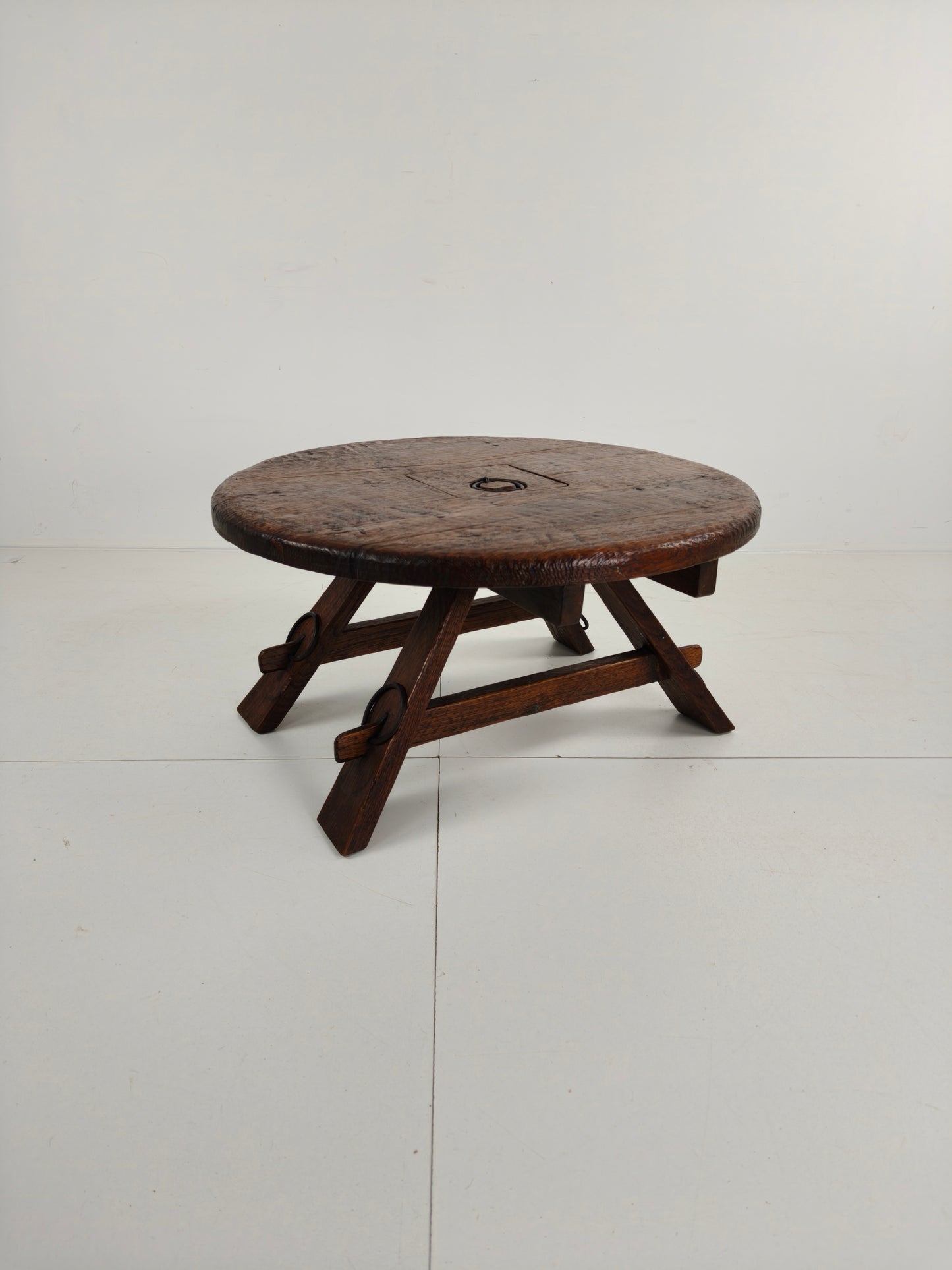 Rustic Oak Brutalist round Coffee table France 1960s Mid-20th Century