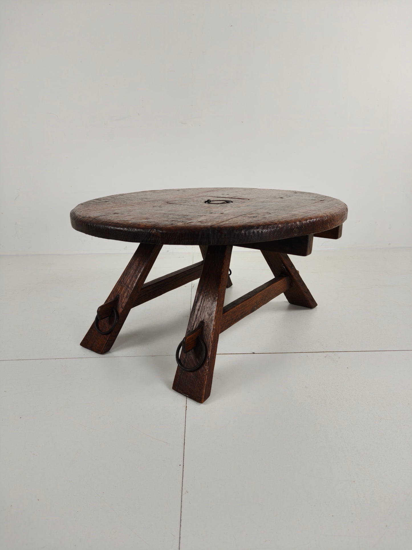 Rustic Oak Brutalist round Coffee table France 1960s Mid-20th Century