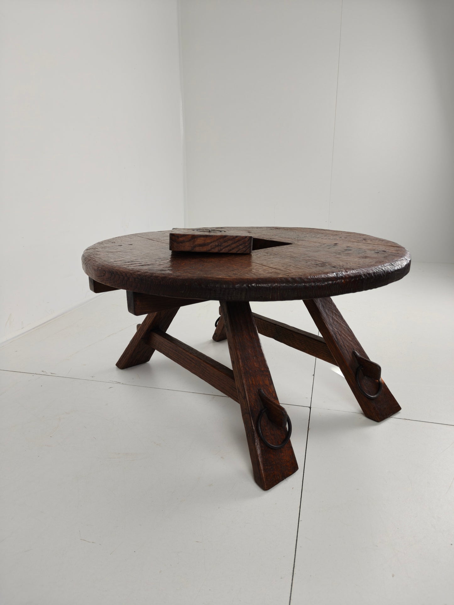 Rustic Oak Brutalist round Coffee table France 1960s Mid-20th Century