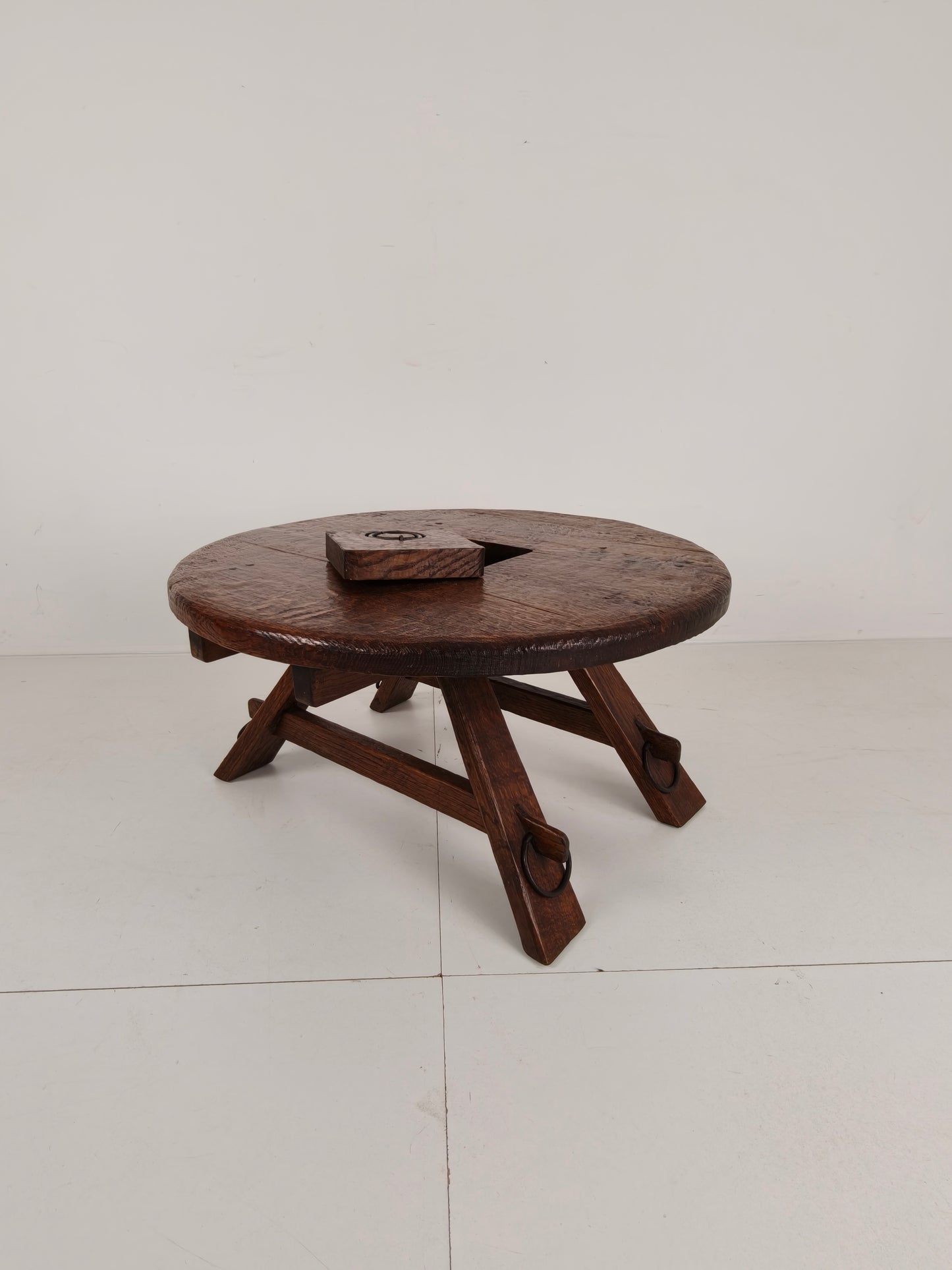 Rustic Oak Brutalist round Coffee table France 1960s Mid-20th Century