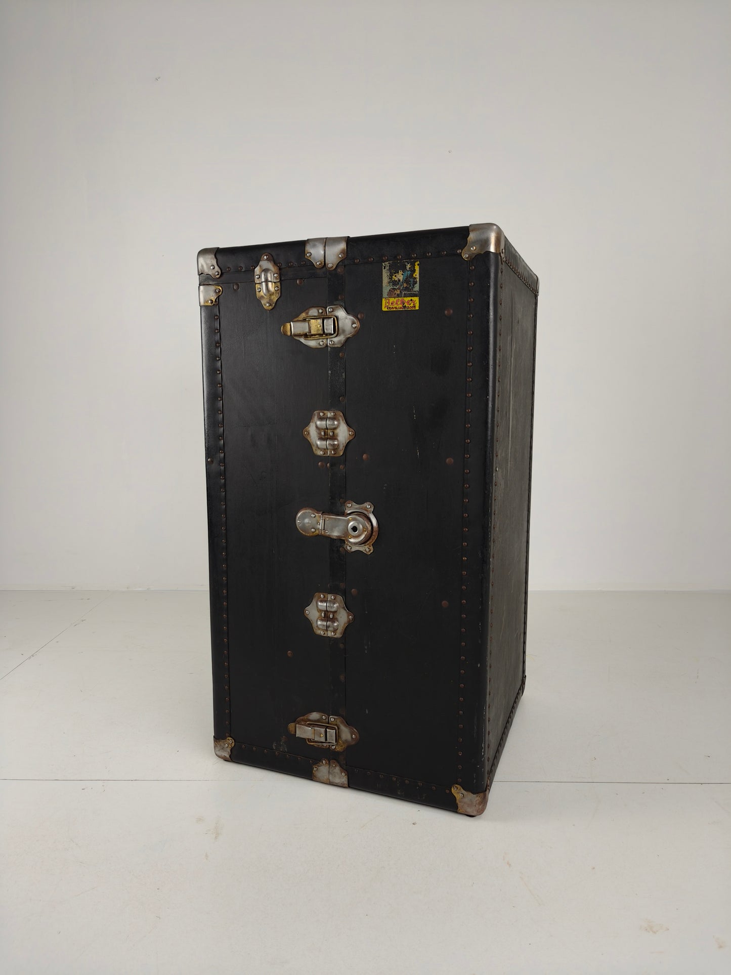 Antique 1924 Belber Black Leather Steamer Trunk - Large Travel Wardrobe