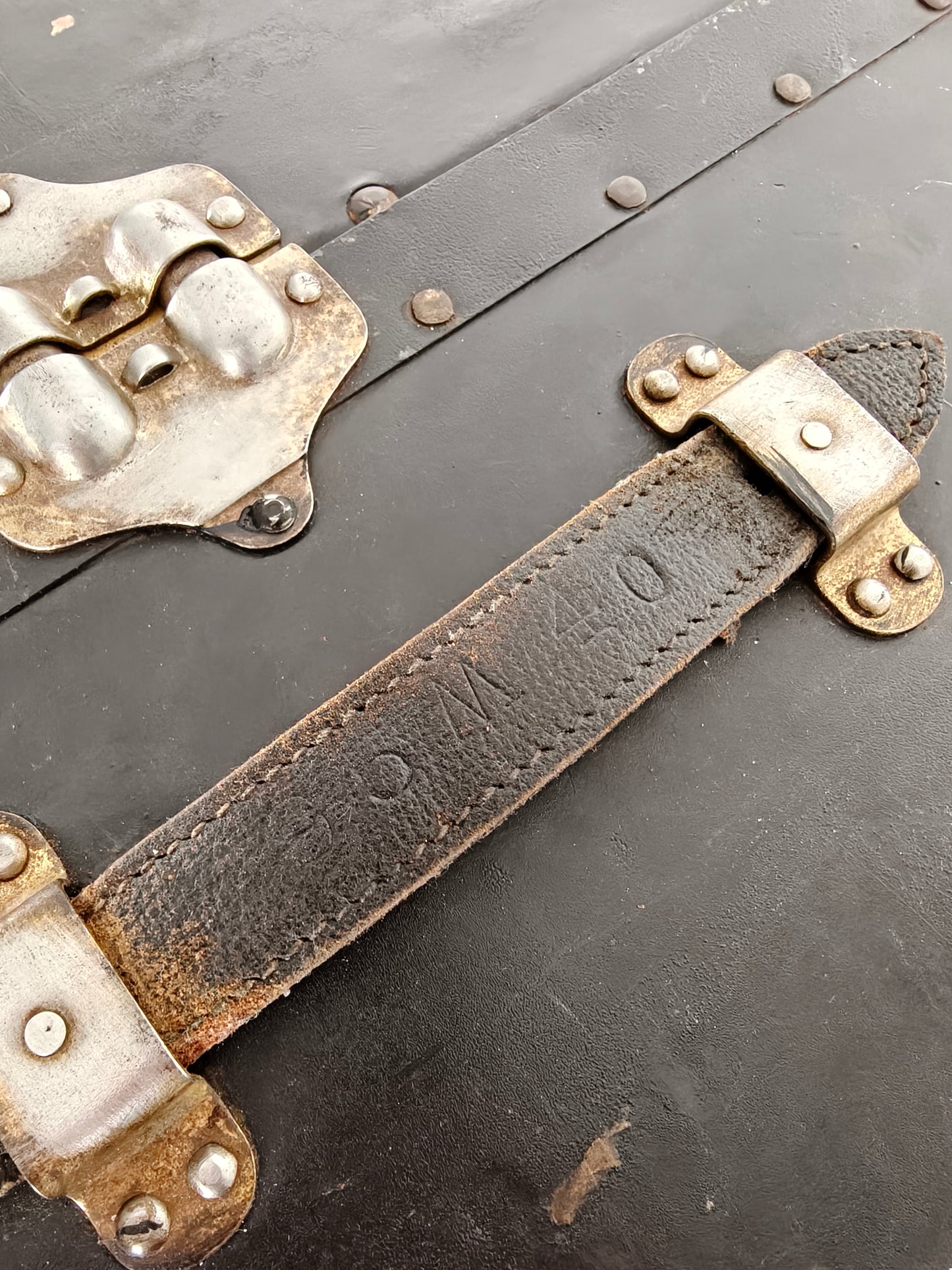 Antique 1924 Belber Black Leather Steamer Trunk - Large Travel Wardrobe