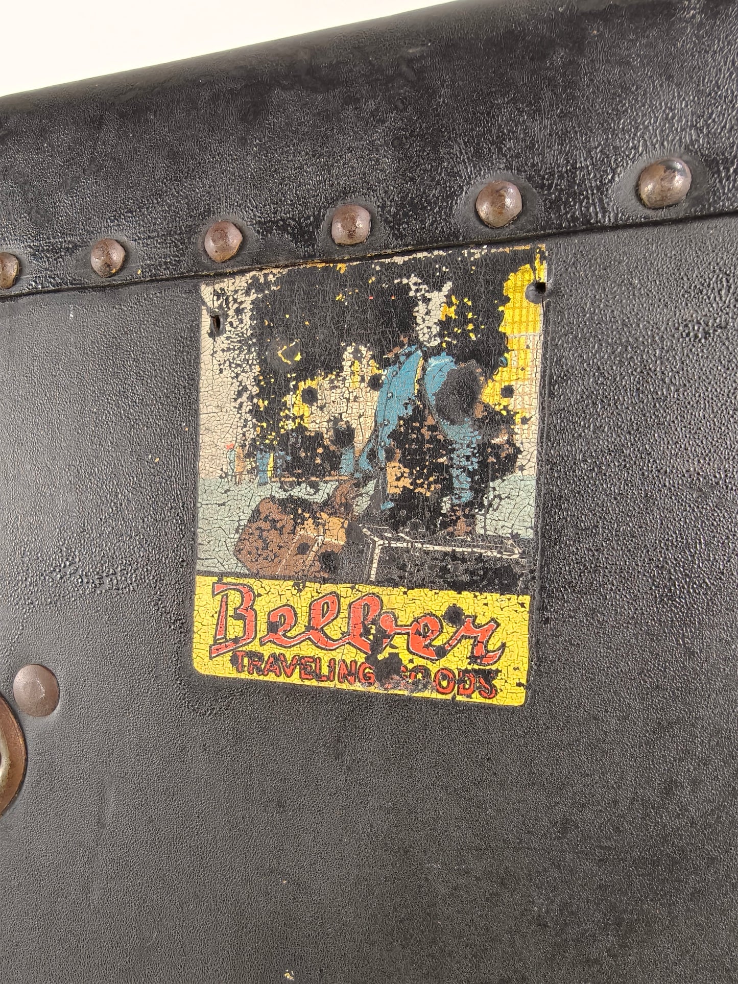 Antique 1924 Belber Black Leather Steamer Trunk - Large Travel Wardrobe