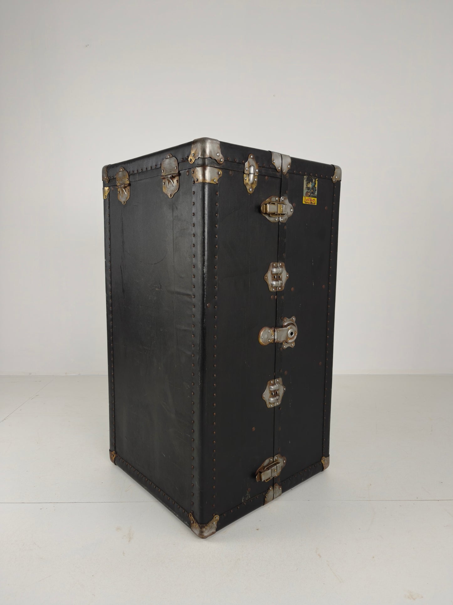 Antique 1924 Belber Black Leather Steamer Trunk - Large Travel Wardrobe
