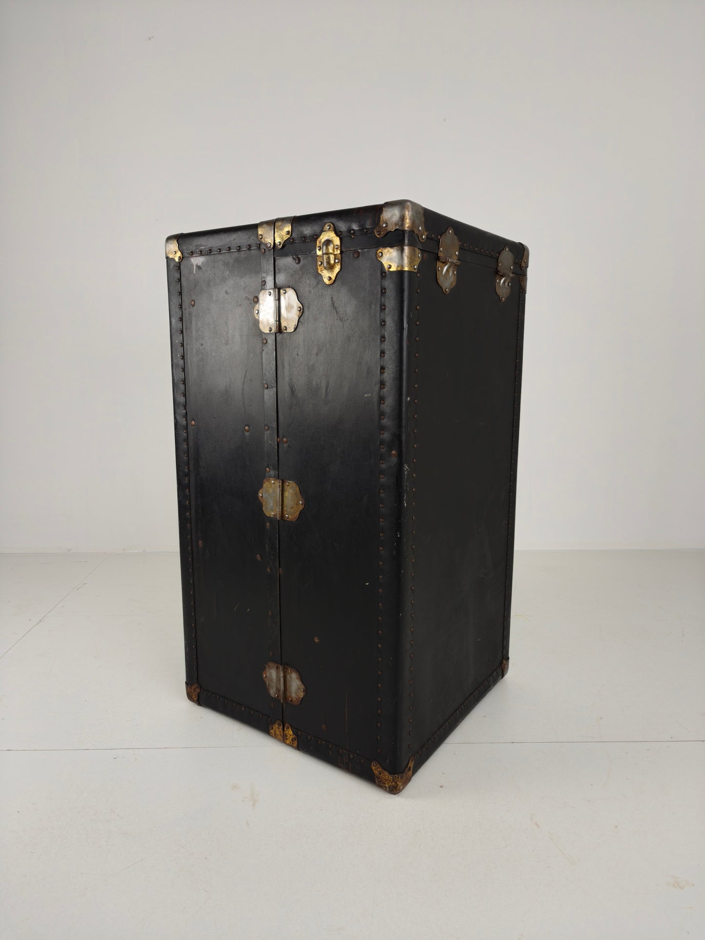 Antique 1924 Belber Black Leather Steamer Trunk - Large Travel Wardrobe