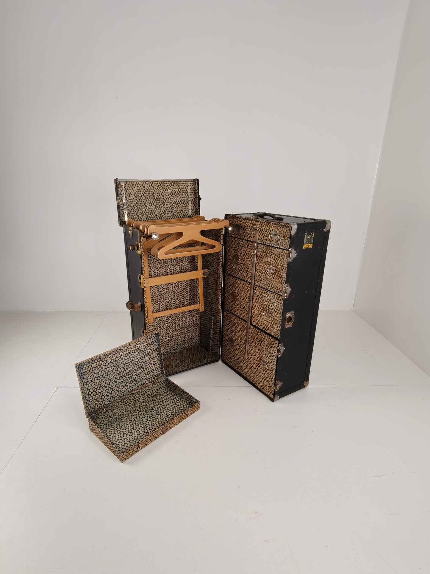 Antique 1924 Belber Black Leather Steamer Trunk - Large Travel Wardrobe