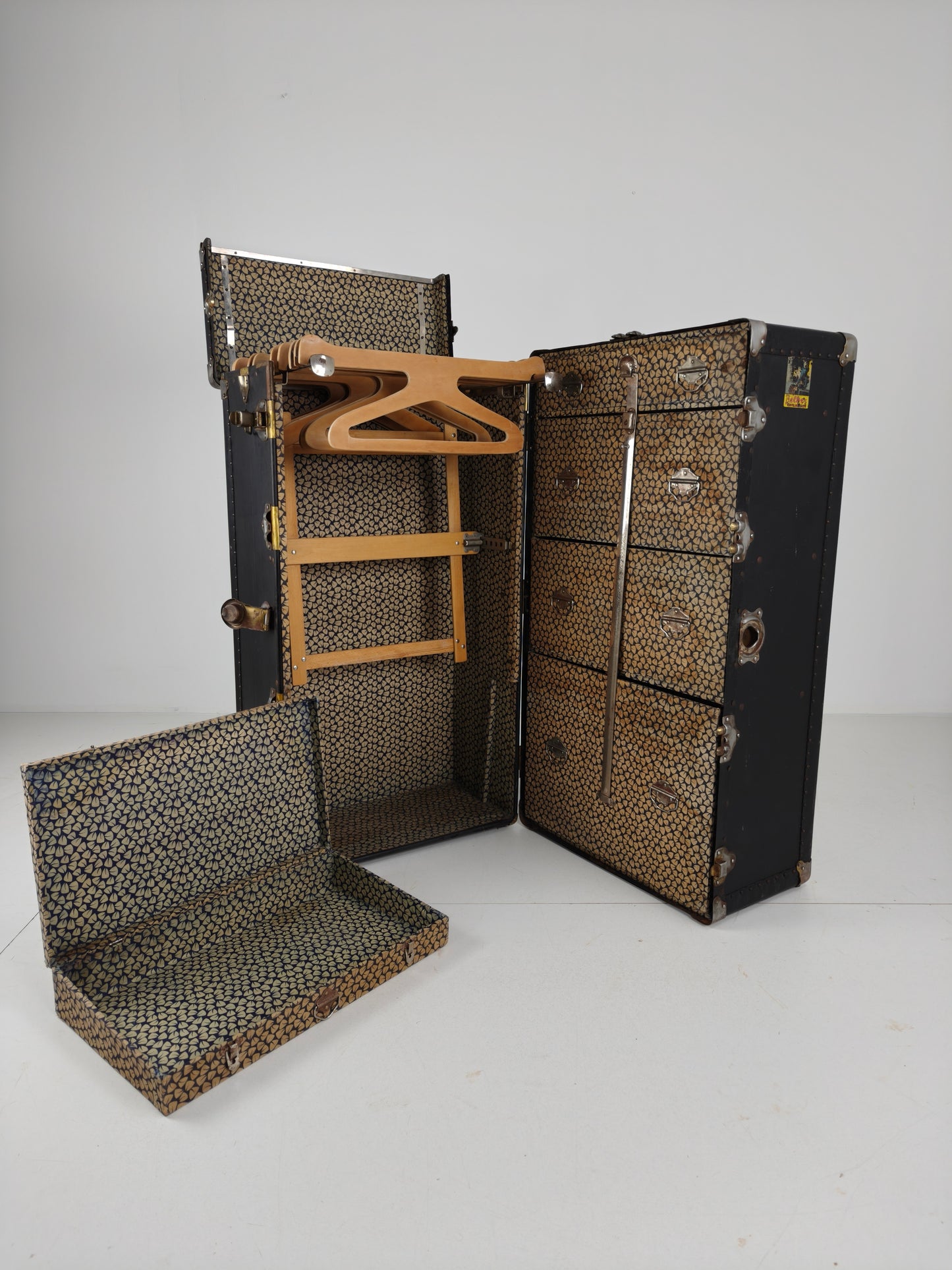 Antique 1924 Belber Black Leather Steamer Trunk - Large Travel Wardrobe