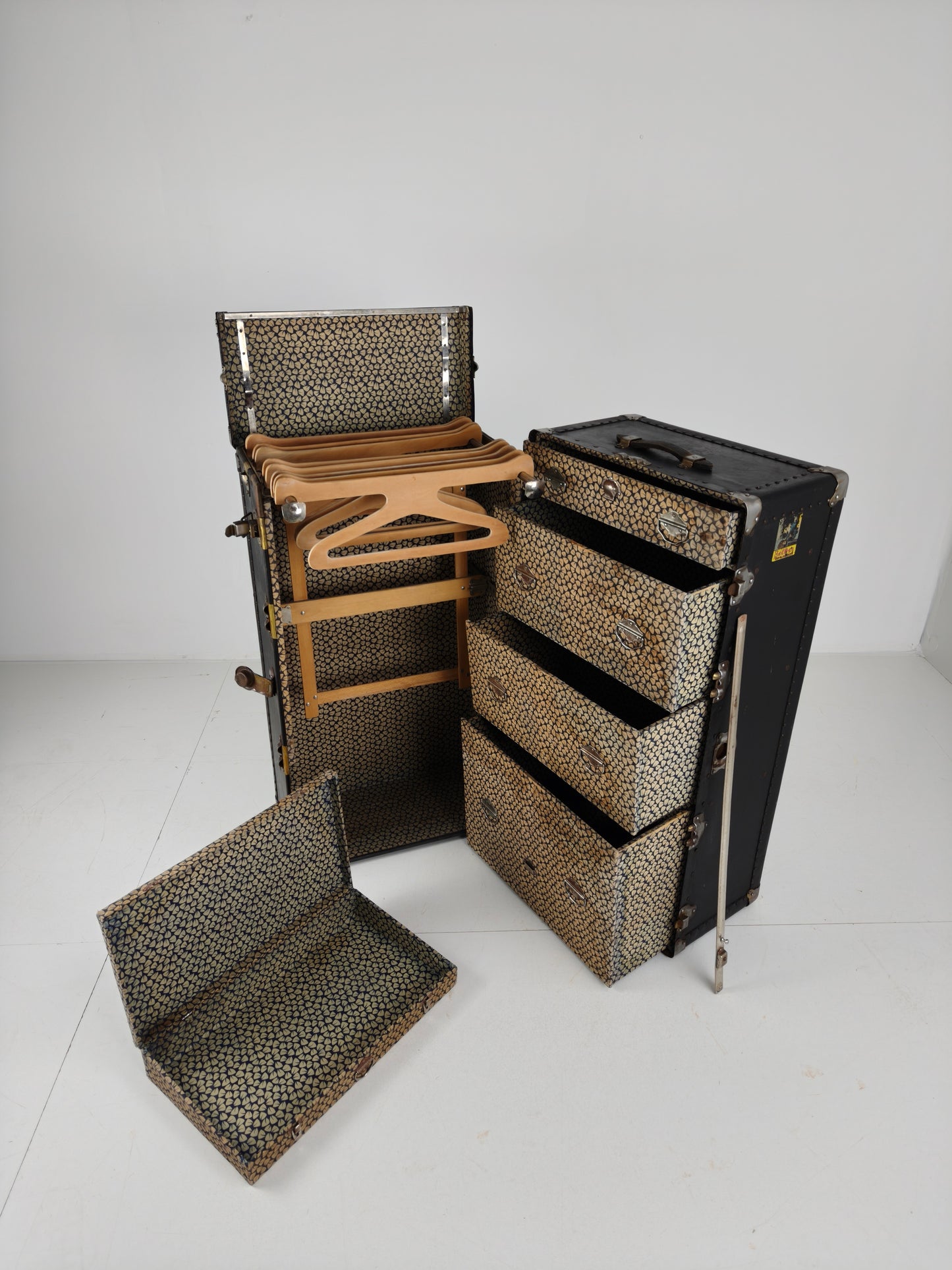 Antique 1924 Belber Black Leather Steamer Trunk - Large Travel Wardrobe