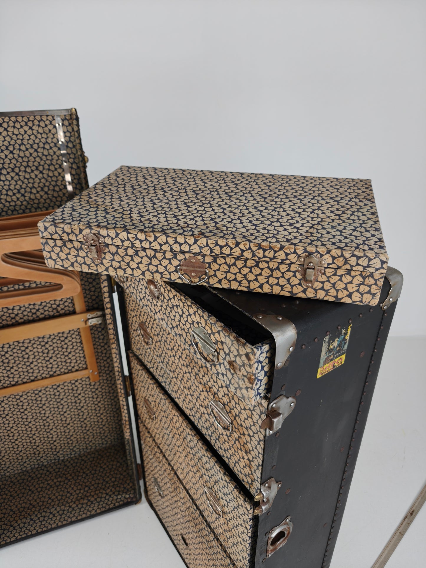 Antique 1924 Belber Black Leather Steamer Trunk - Large Travel Wardrobe